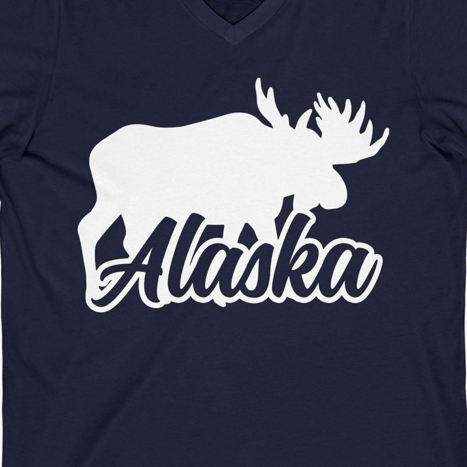 Alaska Moose Wildlife Silhouette Shirt V-Neck Shirt – Navy – Alaska Cruise Shirts Close Up
