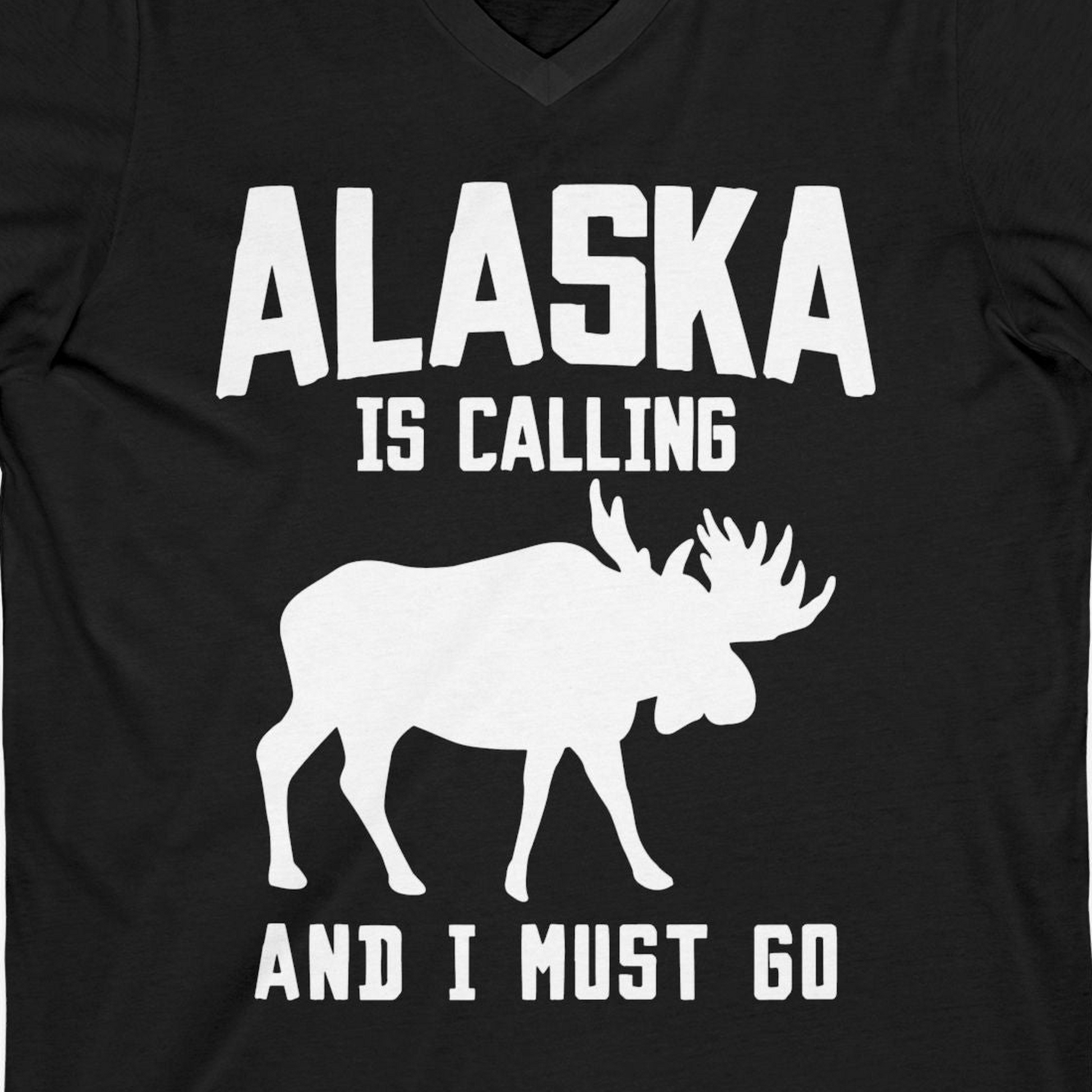 Alaska Is Calling Moose Silhouette Shirt V-Neck Shirt – Black – Alaska Cruise Shirts Close Up