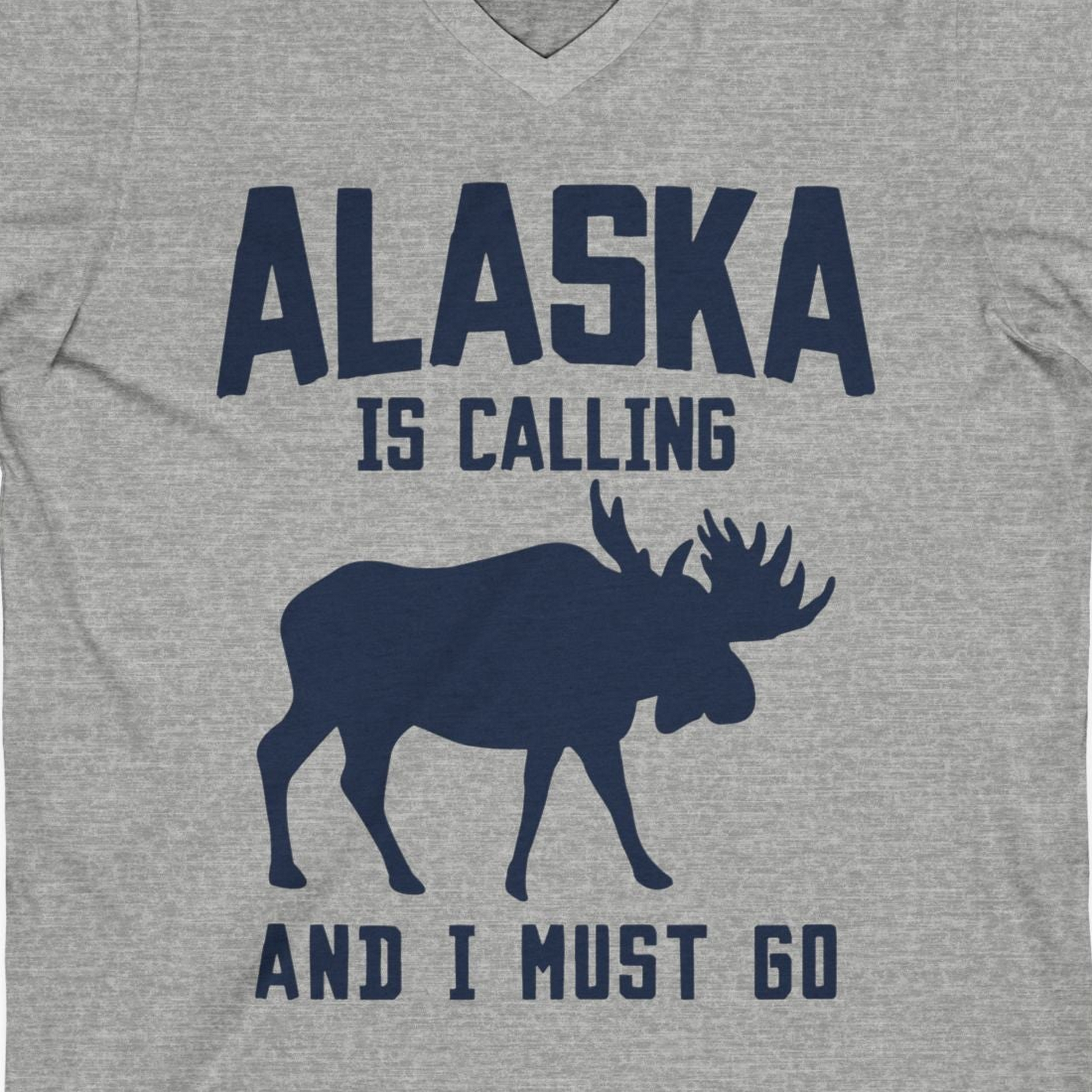 Alaska Is Calling Moose Silhouette Shirt V-Neck Shirt – Athletic Heather – Alaska Cruise Shirts Close Up