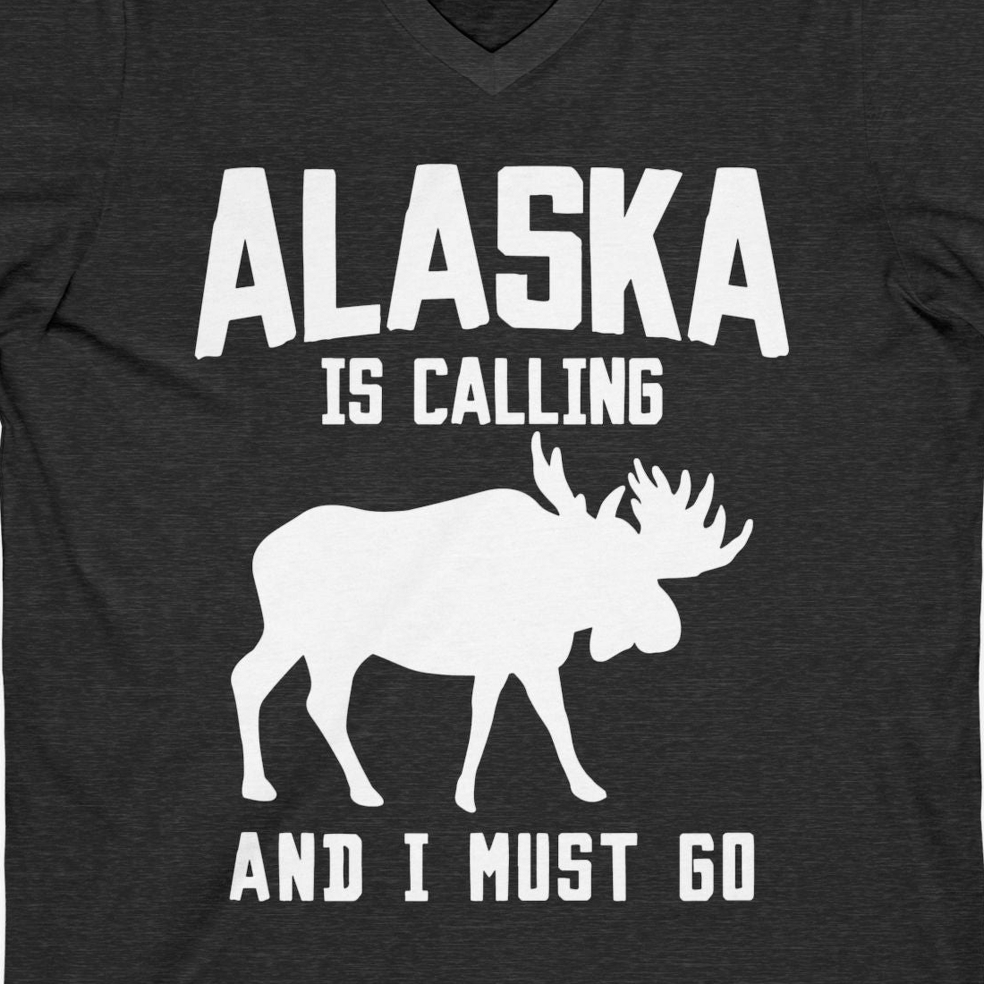 Alaska Is Calling Moose Silhouette Shirt V-Neck Shirt – Dark Grey Heather – Alaska Cruise Shirts Close Up