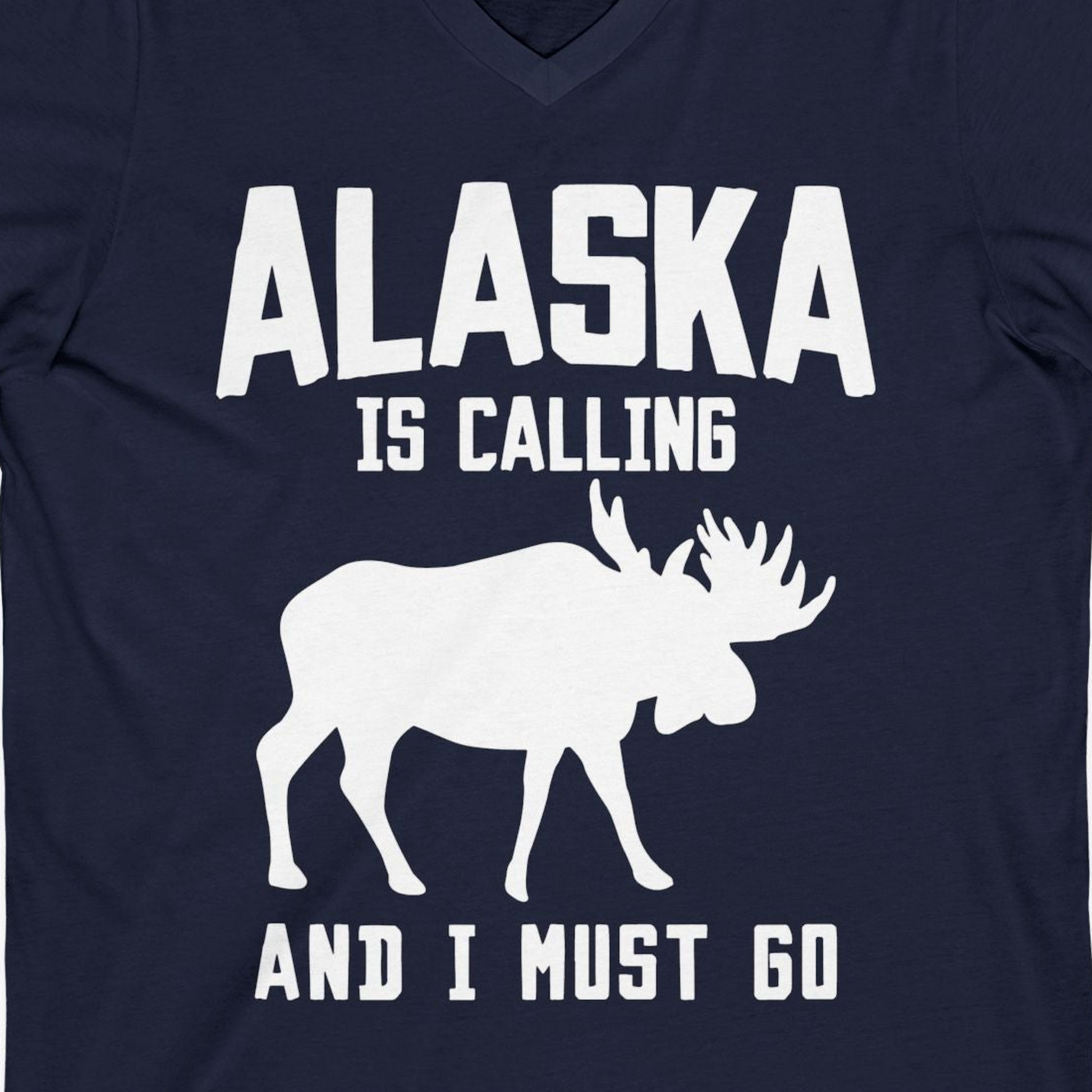 Alaska Is Calling Moose Silhouette Shirt V-Neck Shirt – Navy – Alaska Cruise Shirts Close Up