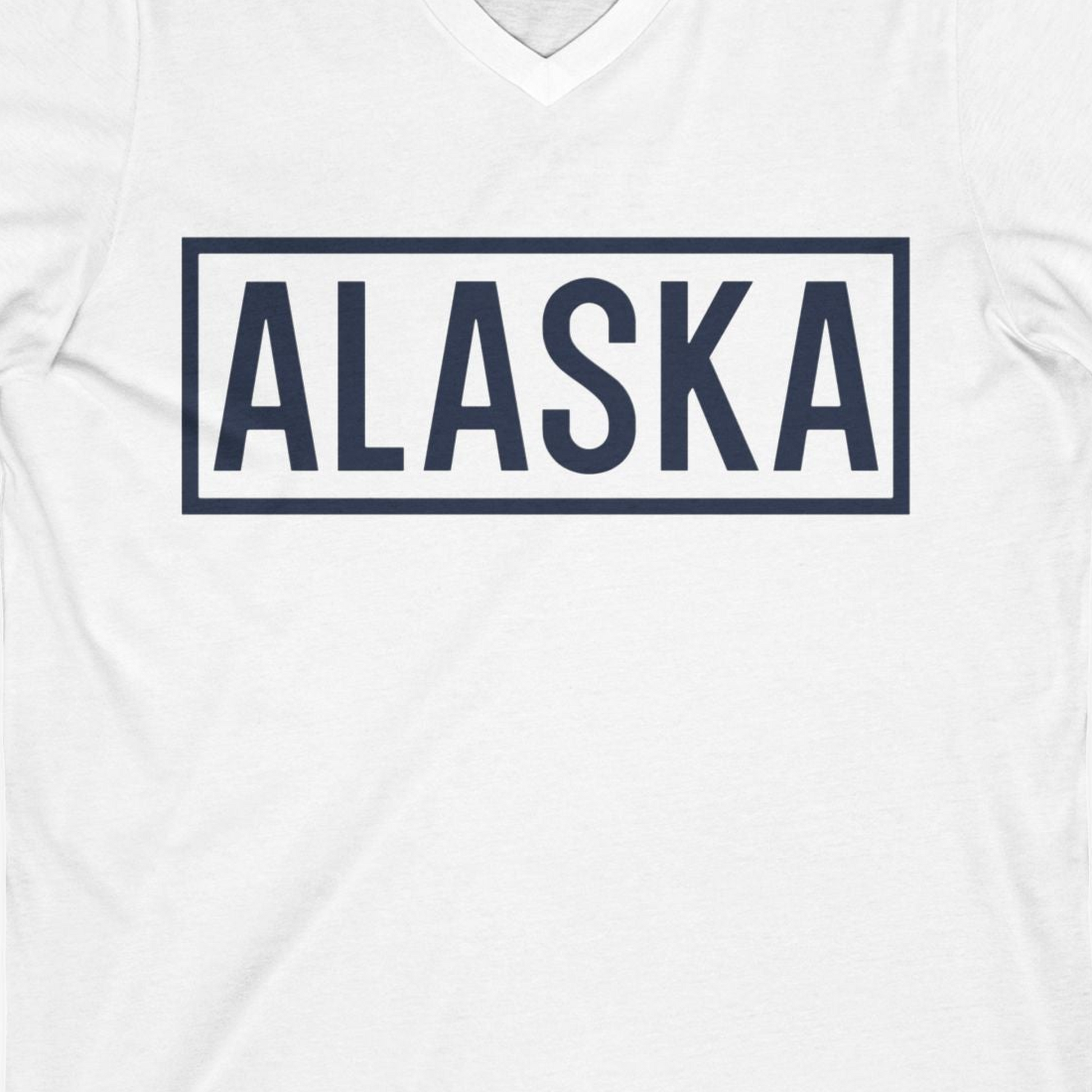 Alaska Bold Text Minimalist Monochrome Graphic Shirt for Travelers — V-Neck V-Neck Shirt – White – Alaska Cruise Shirts Close Up