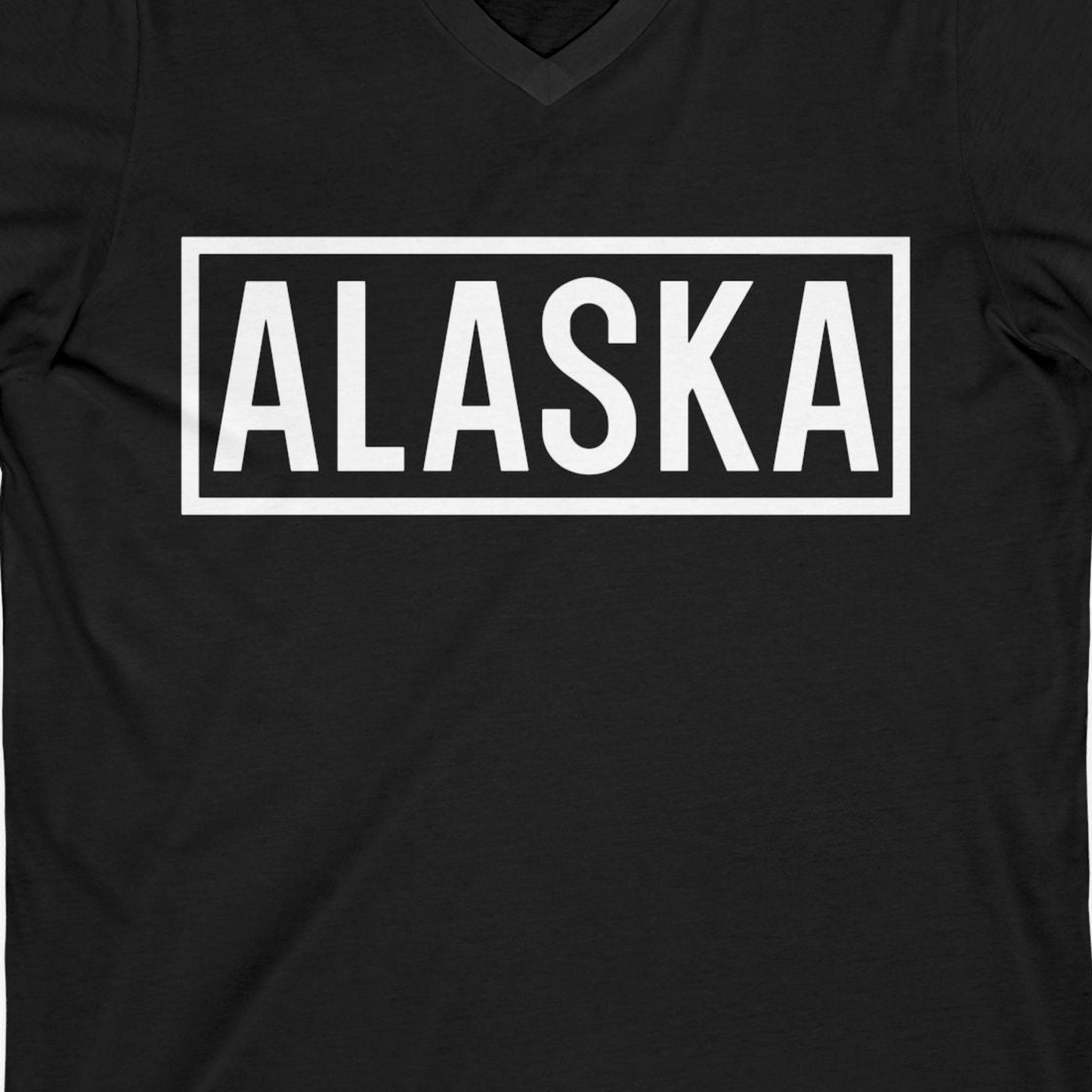 Alaska Bold Text Minimalist Monochrome Graphic Shirt for Travelers — V-Neck V-Neck Shirt – Black – Alaska Cruise Shirts Close Up