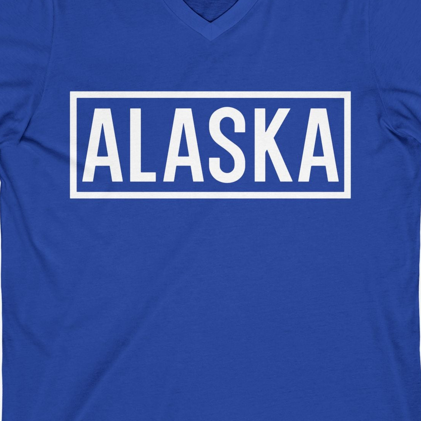 Alaska Bold Text Minimalist Monochrome Graphic Shirt for Travelers — V-Neck V-Neck Shirt – True Royal – Alaska Cruise Shirts Close Up