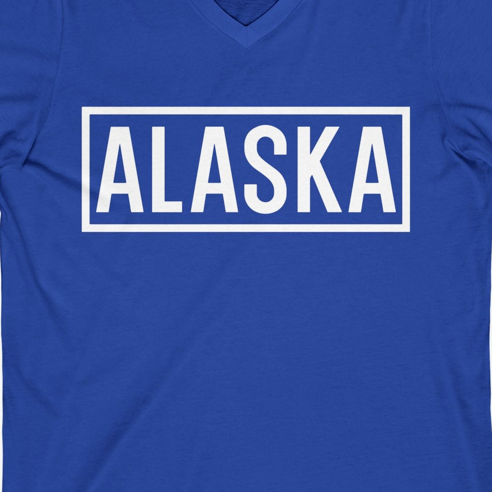 Alaska Bold Text Minimalist Monochrome Graphic Shirt for Travelers — V-Neck V-Neck Shirt – True Royal – Alaska Cruise Shirts Close Up