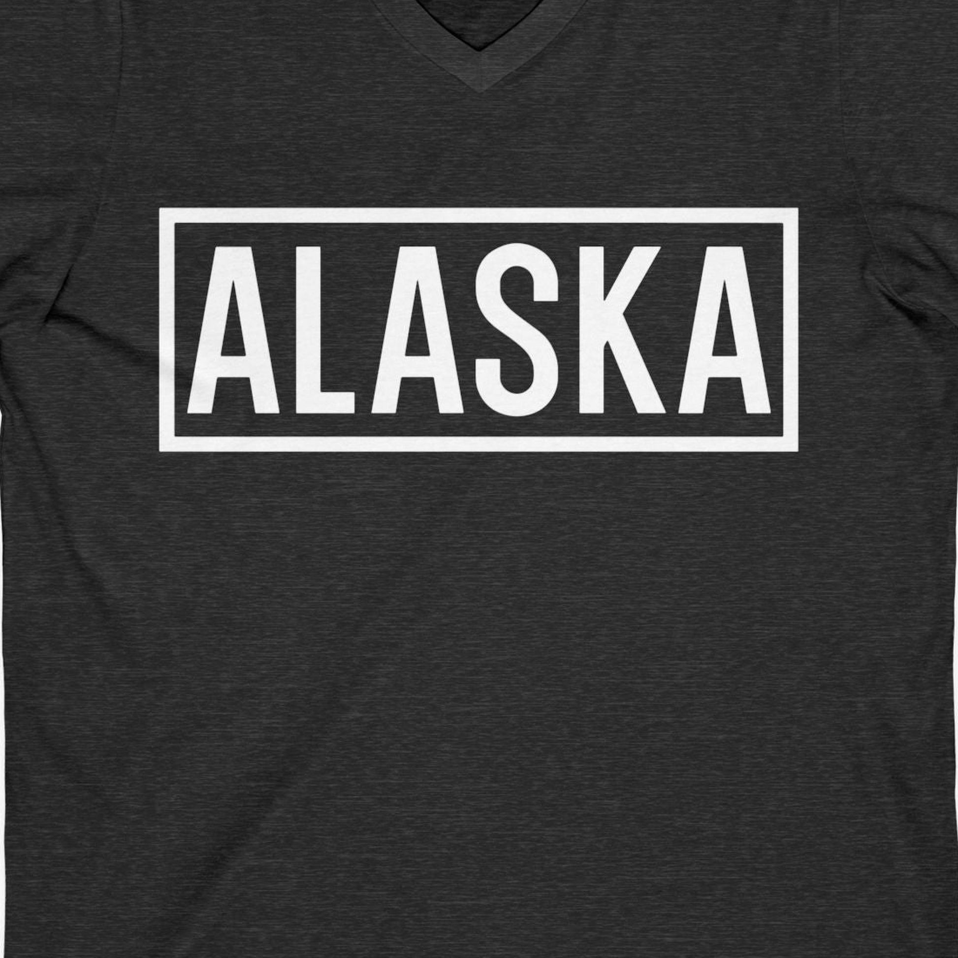 Alaska Bold Text Minimalist Monochrome Graphic Shirt for Travelers — V-Neck V-Neck Shirt – Dark Grey Heather – Alaska Cruise Shirts Close Up