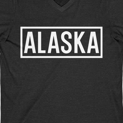 Alaska Bold Text Minimalist Monochrome Graphic Shirt for Travelers — V-Neck V-Neck Shirt – Dark Grey Heather – Alaska Cruise Shirts Close Up