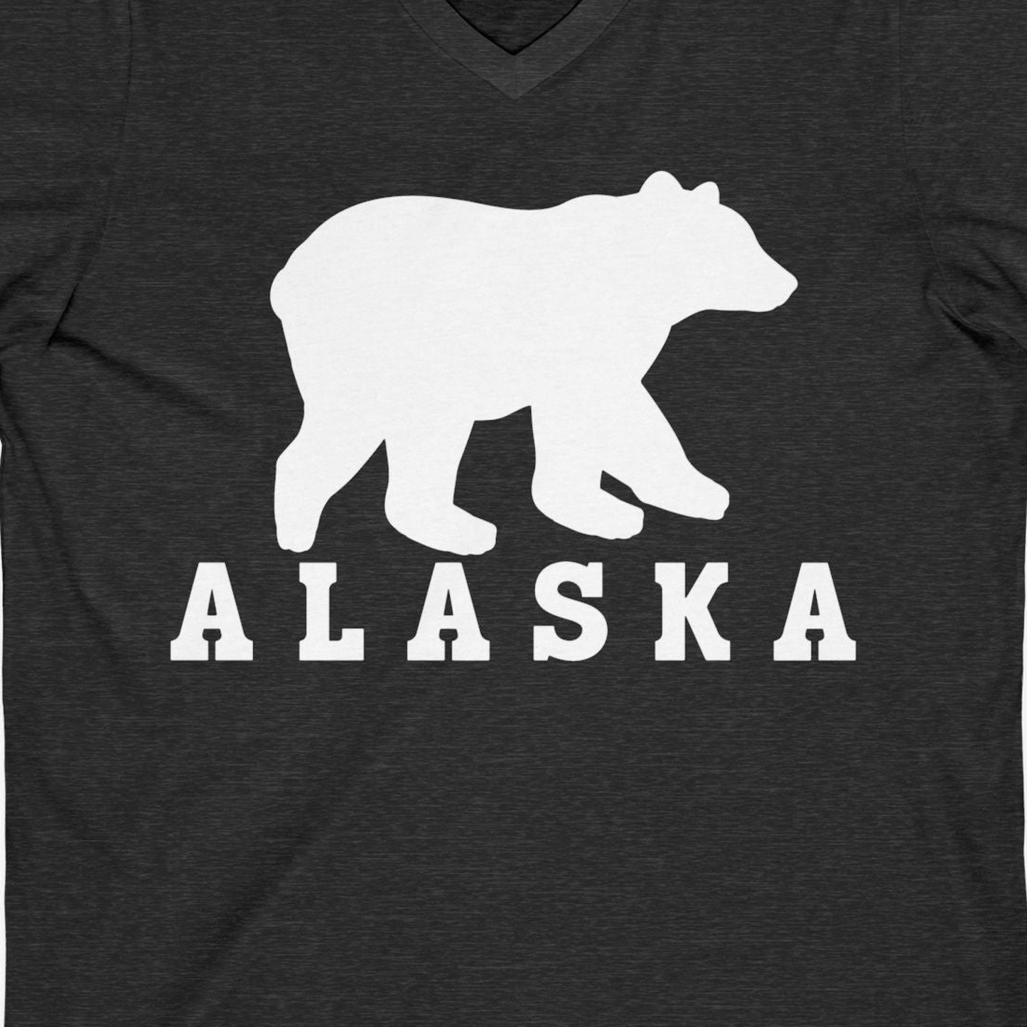 Alaska Bear Silhouette Shirt V-Neck Shirt – Dark Grey Heather – Alaska Cruise Shirts Close Up
