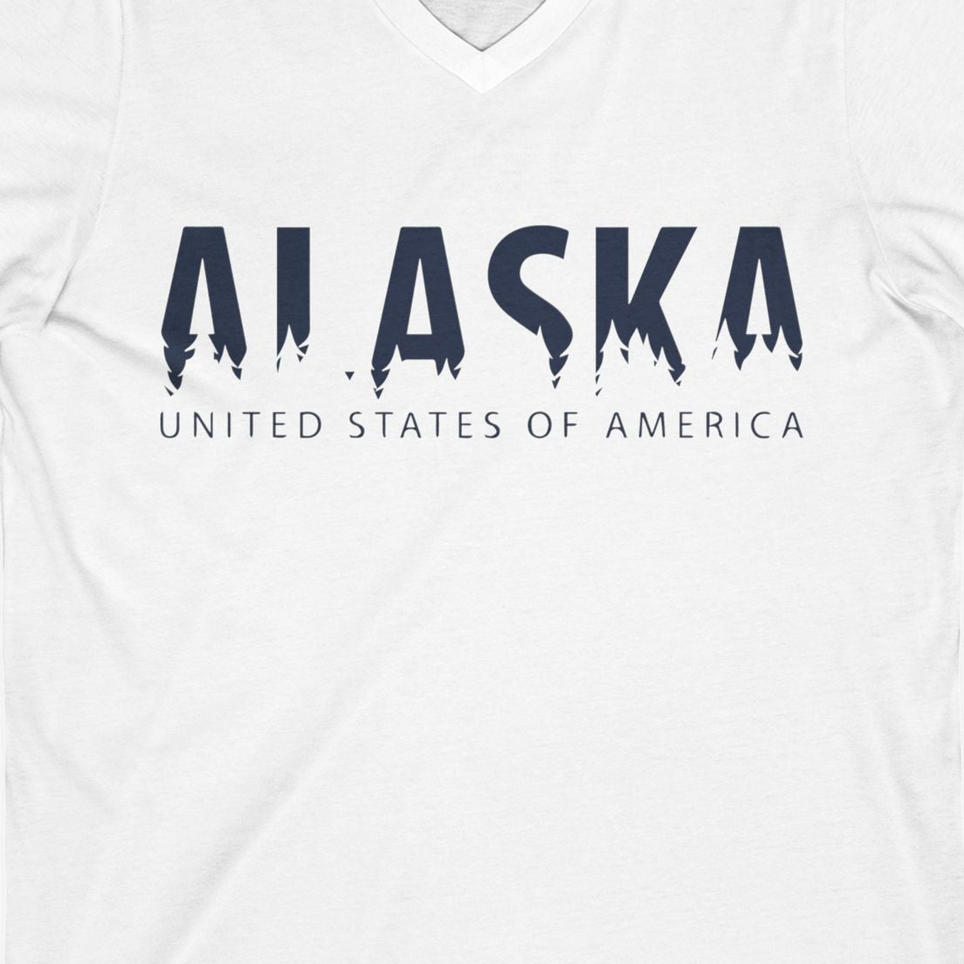 Alaska United States Typography Shirt V-Neck Shirt – White – Alaska Cruise Shirts Close Up