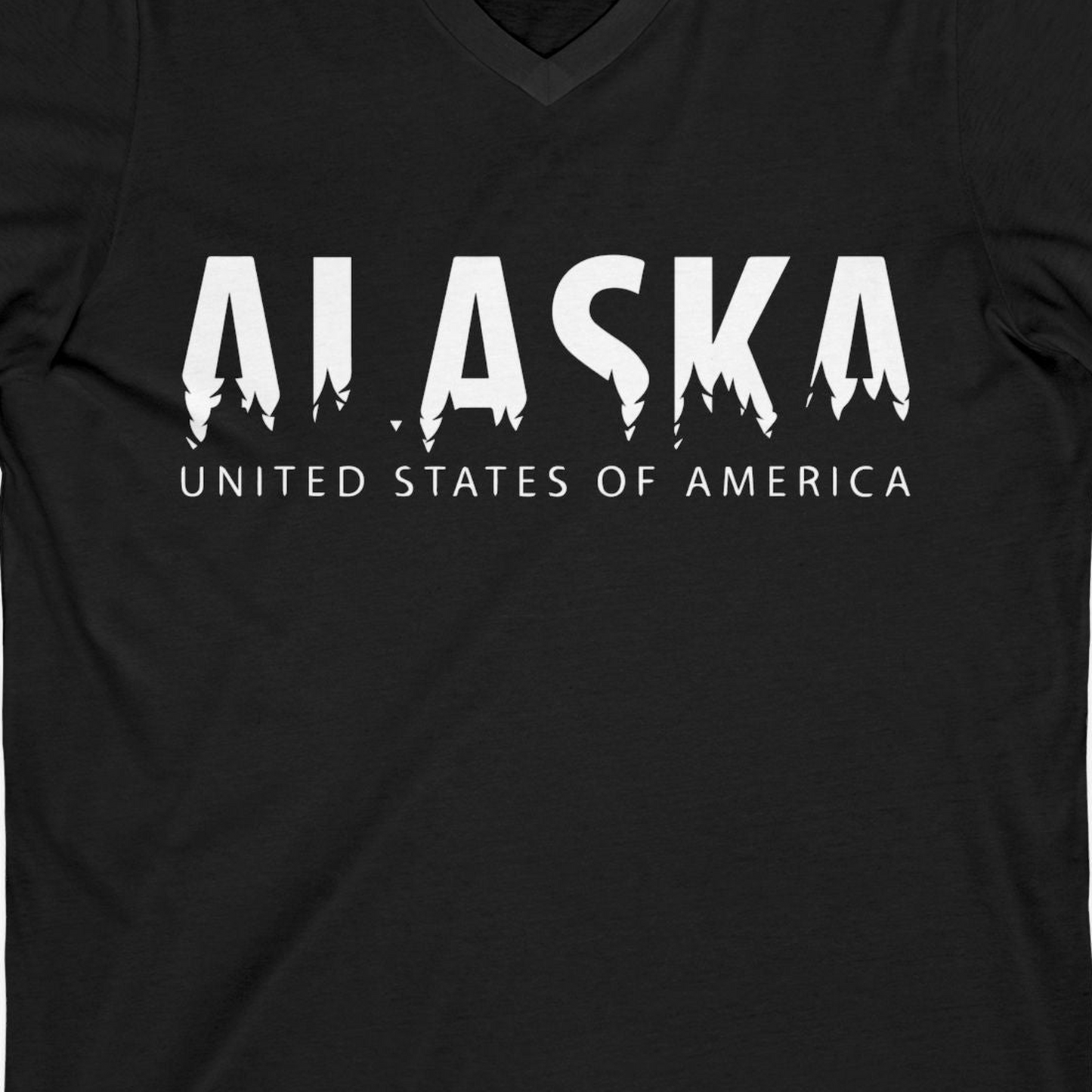 Alaska United States Typography Shirt V-Neck Shirt – Black – Alaska Cruise Shirts Close Up