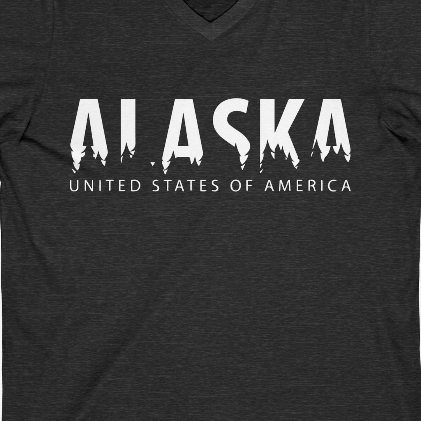 Alaska United States Typography Shirt V-Neck Shirt – Dark Grey Heather – Alaska Cruise Shirts Close Up