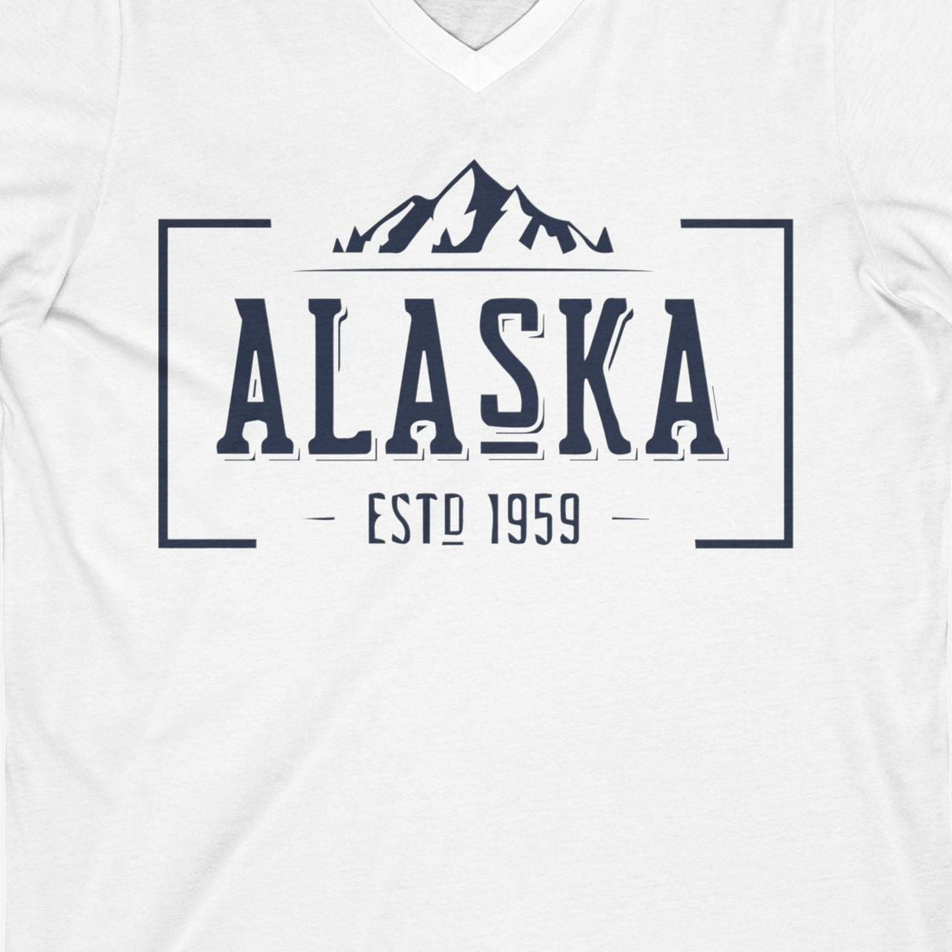 Vintage Alaska Estd 1959 Shirt V-Neck Shirt – White – Alaska Cruise Shirts Close Up