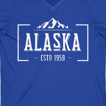 Vintage Alaska Estd 1959 Shirt V-Neck Shirt – True Royal – Alaska Cruise Shirts Close Up
