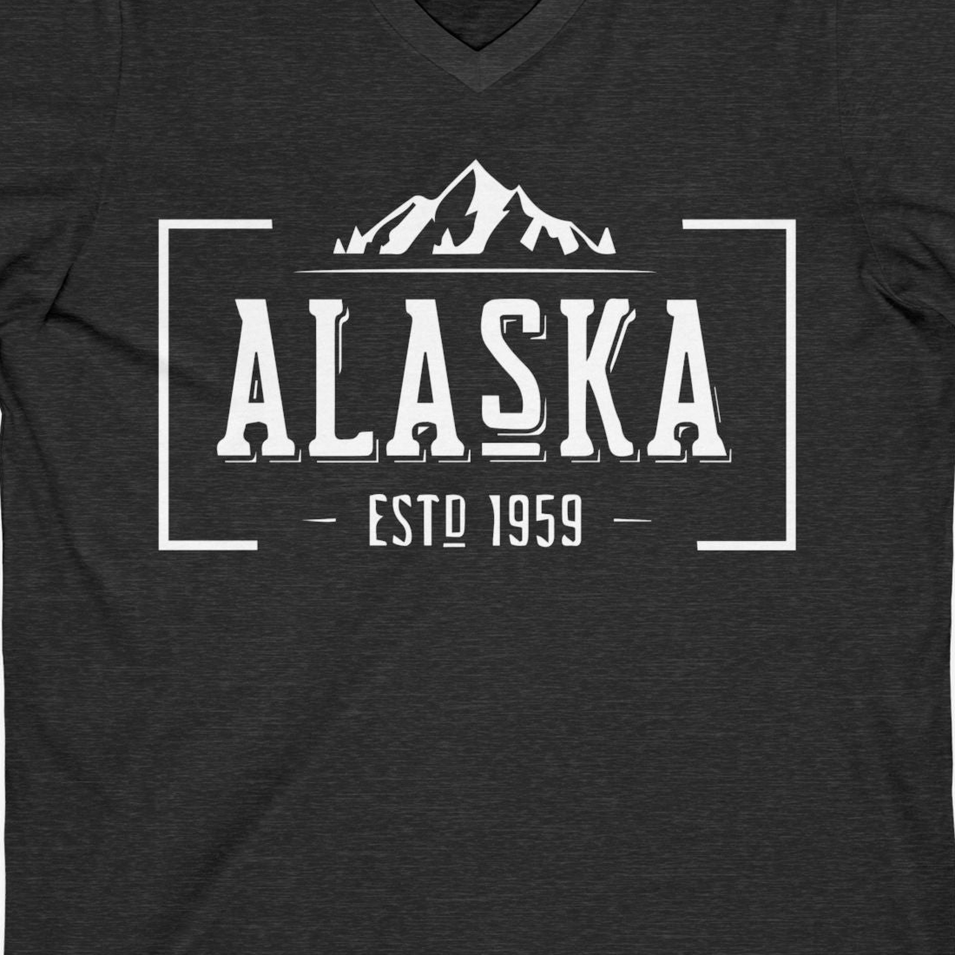 Vintage Alaska Estd 1959 Shirt V-Neck Shirt – Dark Grey Heather – Alaska Cruise Shirts Close Up