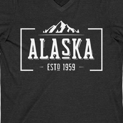 Vintage Alaska Estd 1959 Shirt V-Neck Shirt – Dark Grey Heather – Alaska Cruise Shirts Close Up