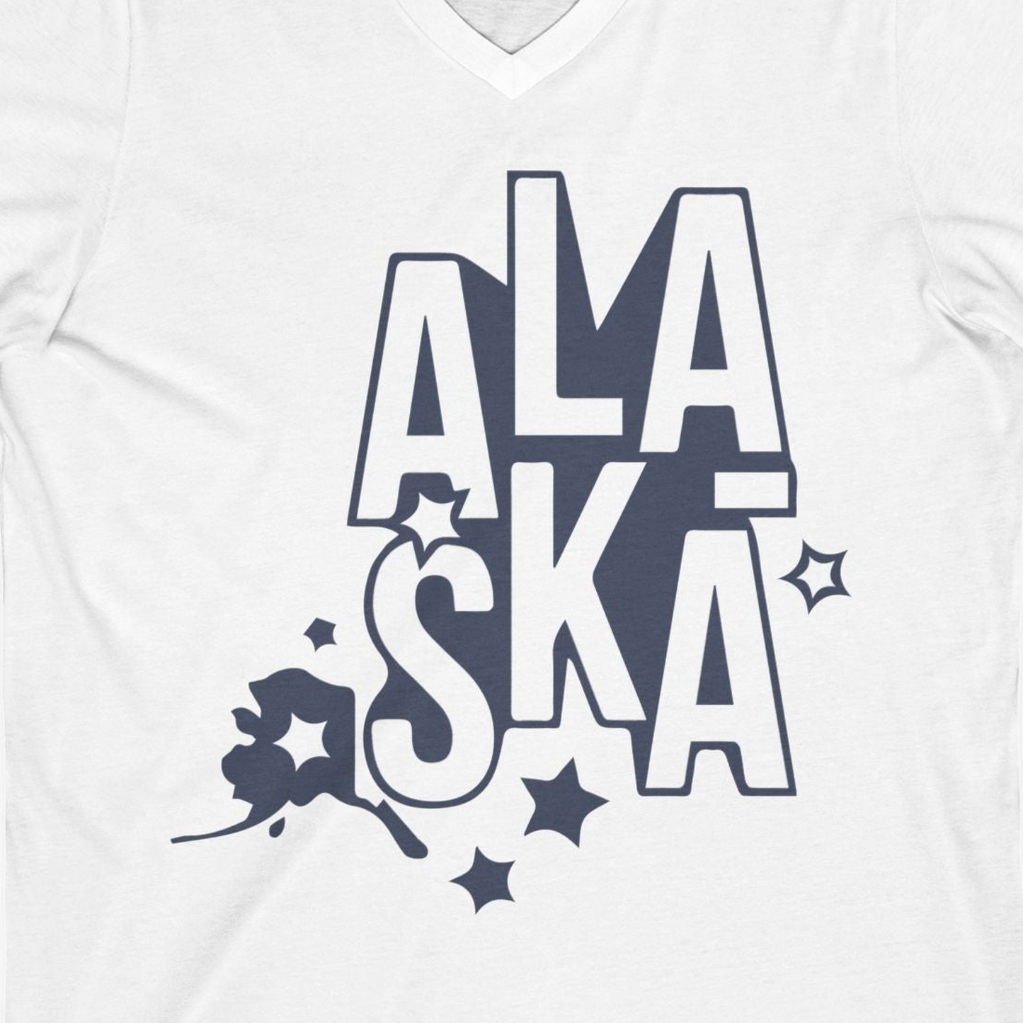 Alaska Stars Bold Typography Shirt V-Neck Shirt – White – Alaska Cruise Shirts Close Up