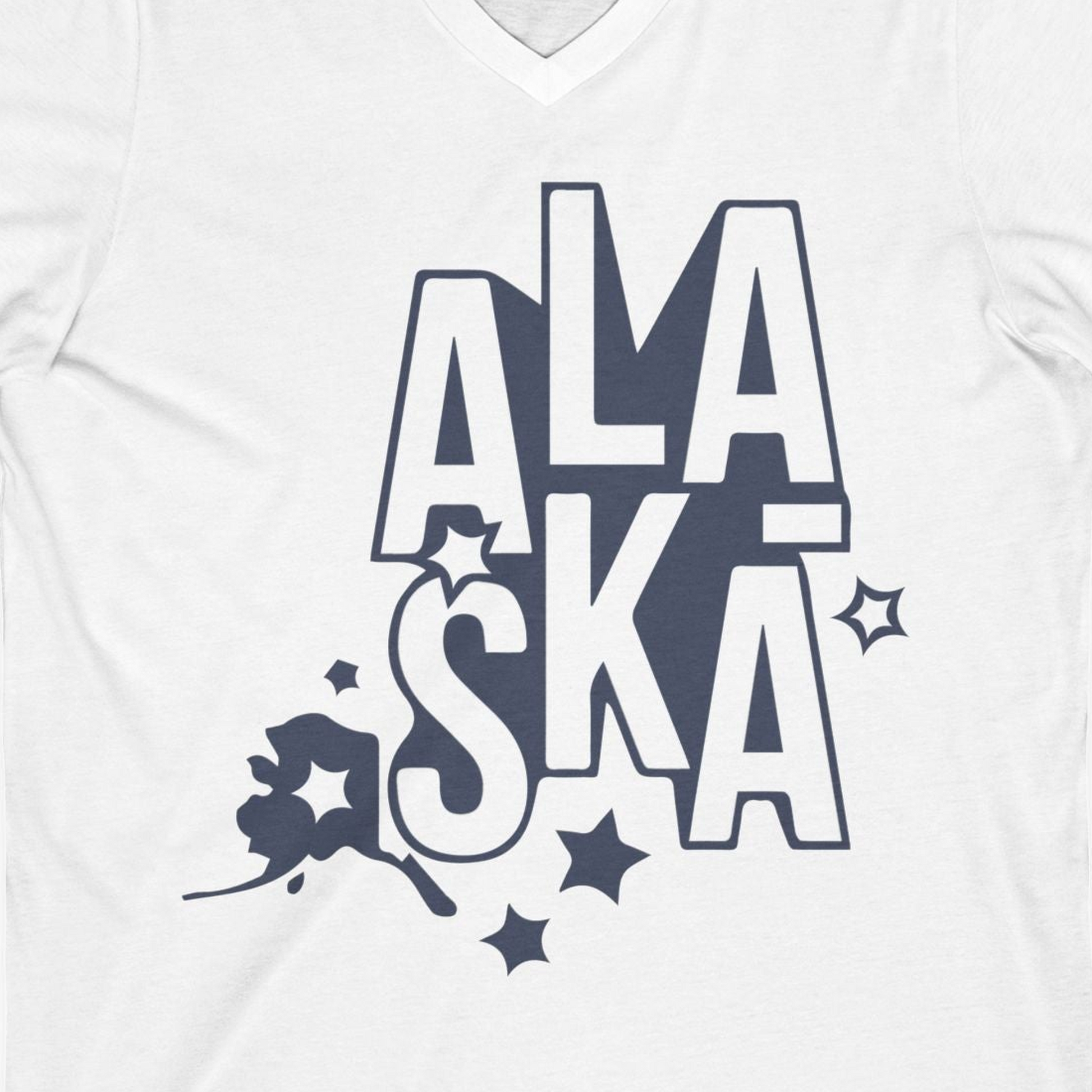 Alaska Stars Bold Typography Shirt V-Neck Shirt – White – Alaska Cruise Shirts Close Up