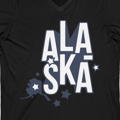 Alaska Stars Bold Typography Shirt V-Neck Shirt – Black – Alaska Cruise Shirts Close Up