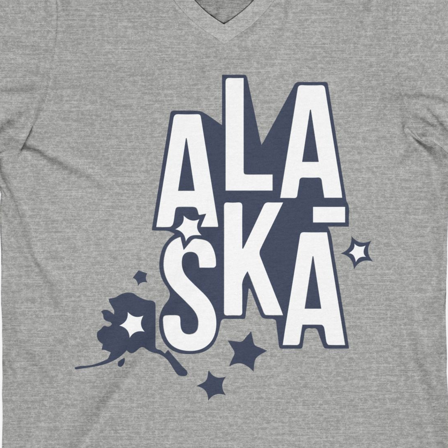 Alaska Stars Bold Typography Shirt V-Neck Shirt – Athletic Heather – Alaska Cruise Shirts Close Up