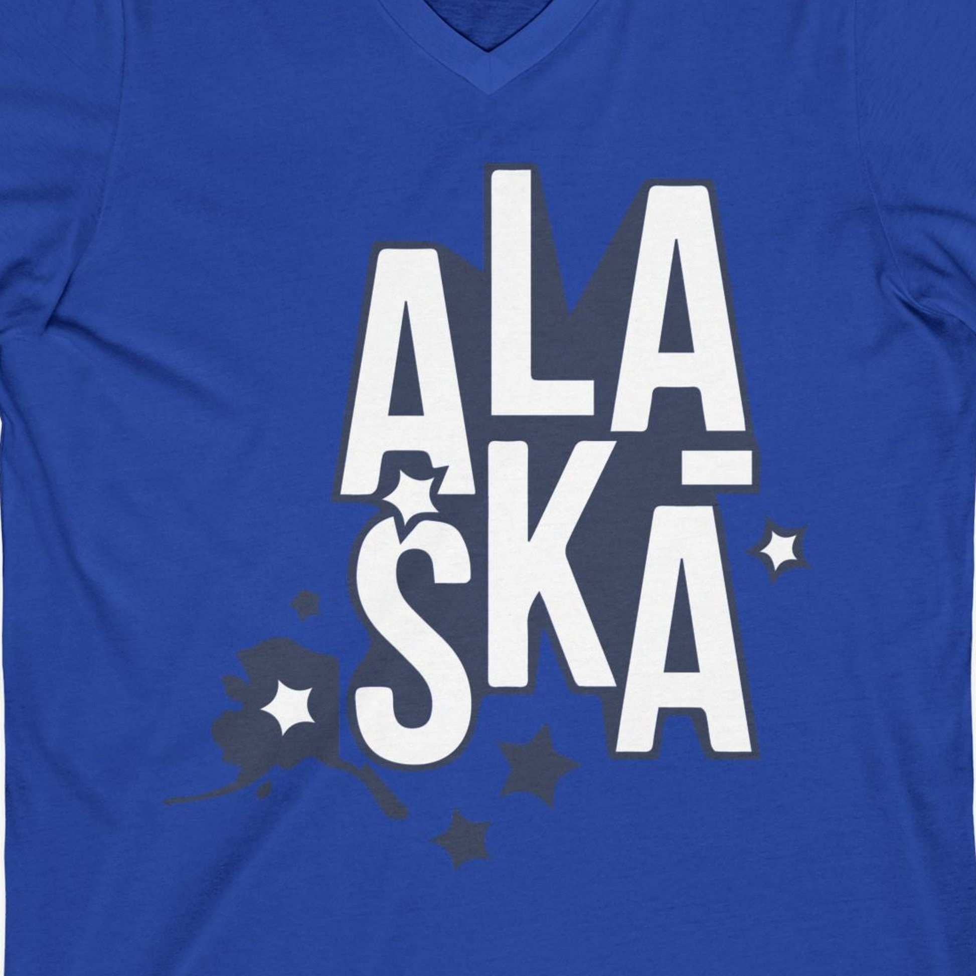Alaska Stars Bold Typography Shirt V-Neck Shirt – True Royal – Alaska Cruise Shirts Close Up