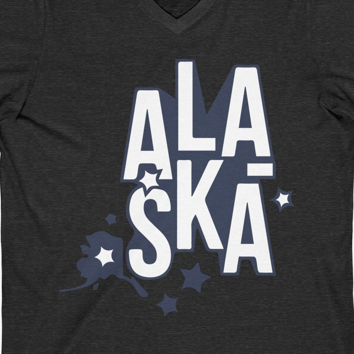 Alaska Stars Bold Typography Shirt V-Neck Shirt – Dark Grey Heather – Alaska Cruise Shirts Close Up