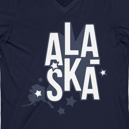Alaska Stars Bold Typography Shirt V-Neck Shirt – Navy – Alaska Cruise Shirts Close Up