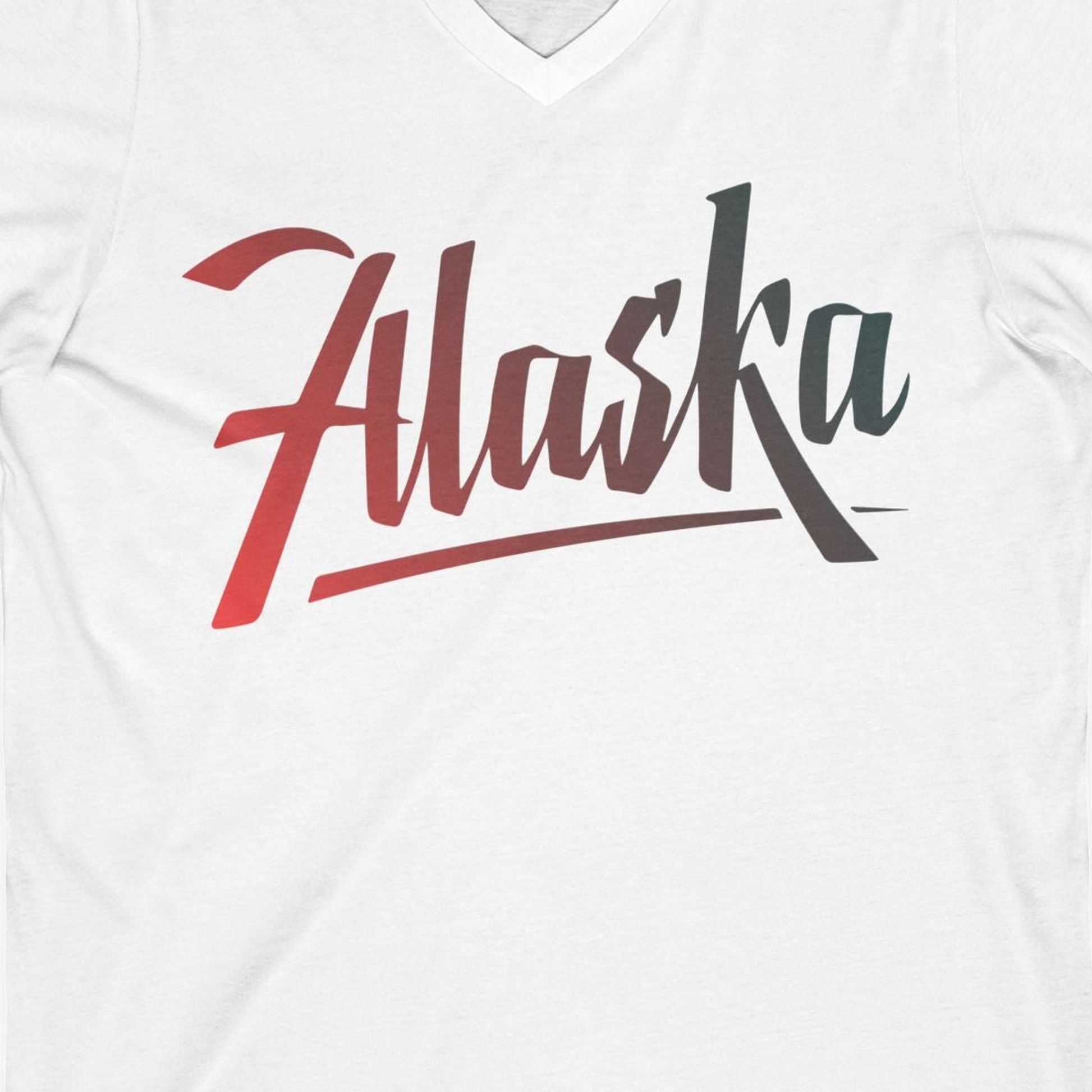 Alaska Script Wordmark Shirt V-Neck Shirt – White – Alaska Cruise Shirts Close Up