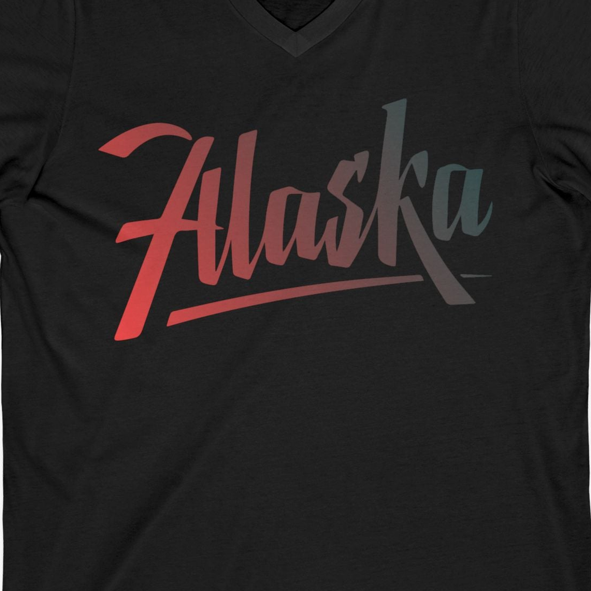 Alaska Script Wordmark Shirt V-Neck Shirt – Black – Alaska Cruise Shirts Close Up