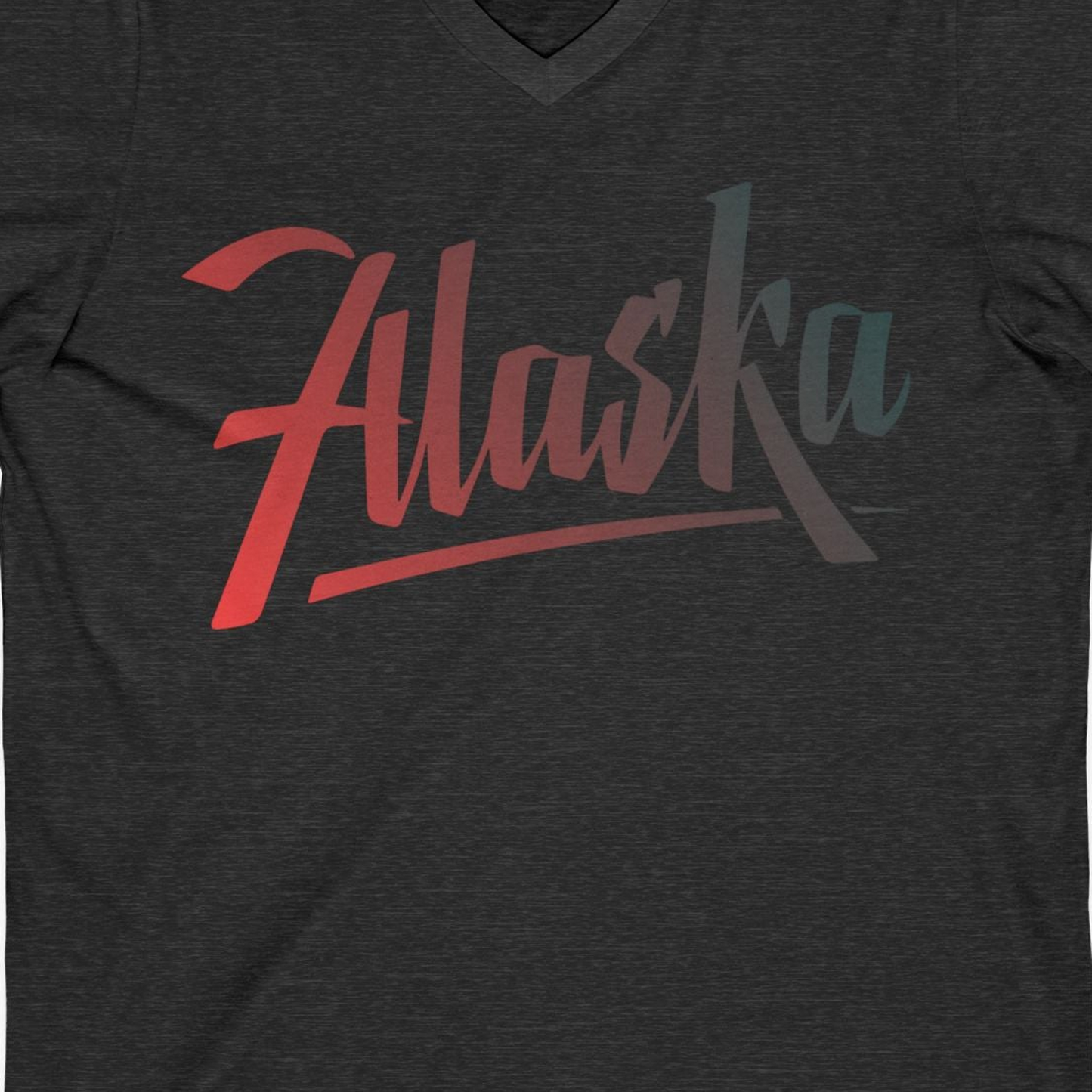 Alaska Script Wordmark Shirt V-Neck Shirt – Dark Grey Heather – Alaska Cruise Shirts Close Up
