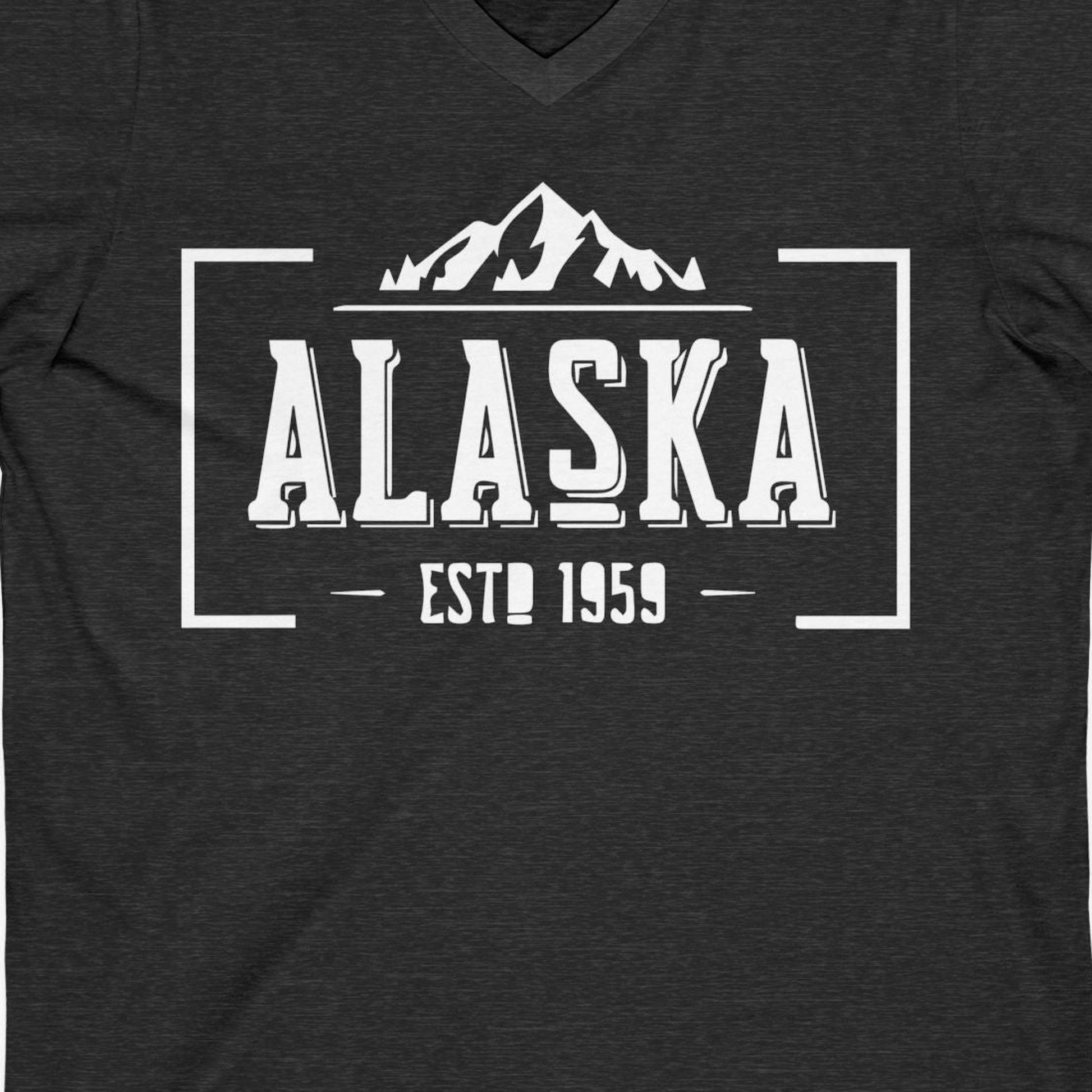 Alaska Mountain Vintage Shirt V-Neck Shirt – Dark Grey Heather – Alaska Cruise Shirts Close Up