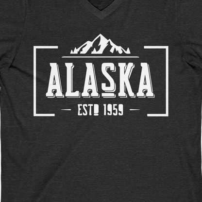 Alaska Mountain Vintage Shirt V-Neck Shirt – Dark Grey Heather – Alaska Cruise Shirts Close Up