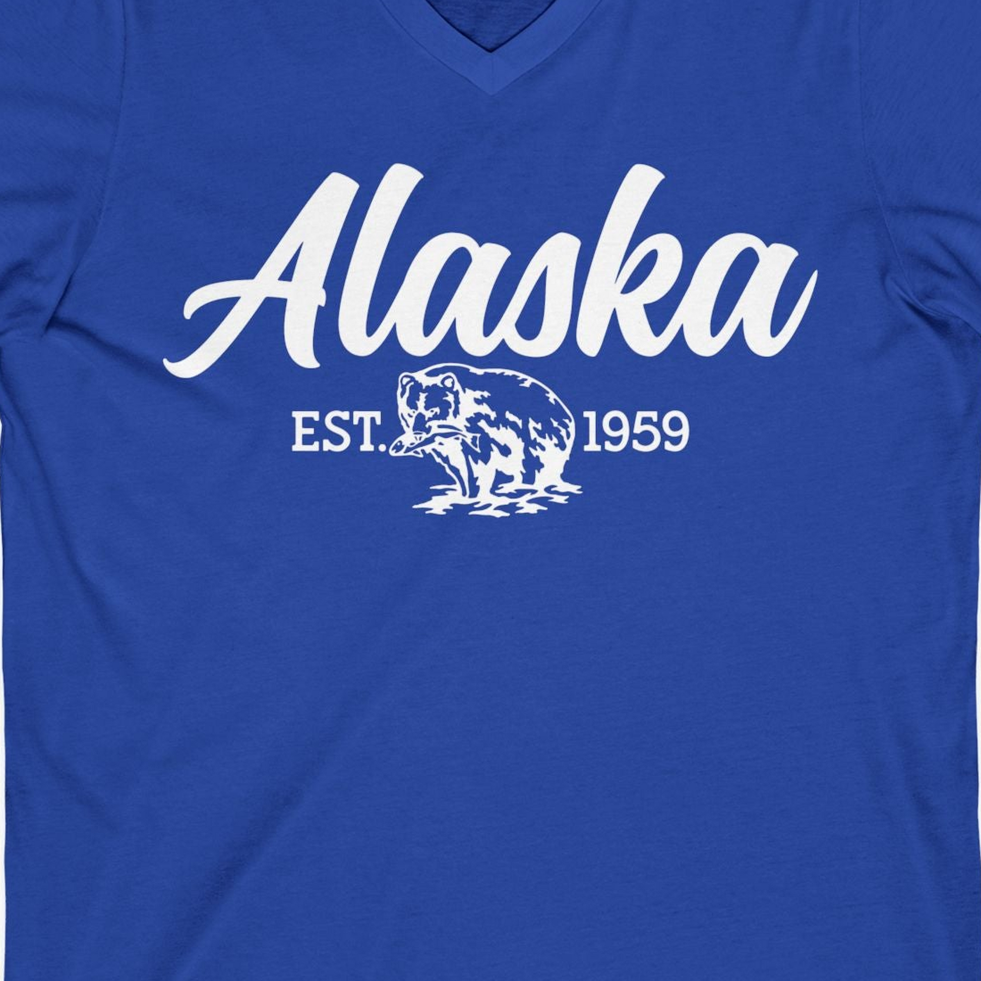 Alaska Bear Est 1959 Vintage Wildlife Graphic Monochrome Shirt — V-Neck V-Neck Shirt – True Royal – Alaska Cruise Shirts Close Up