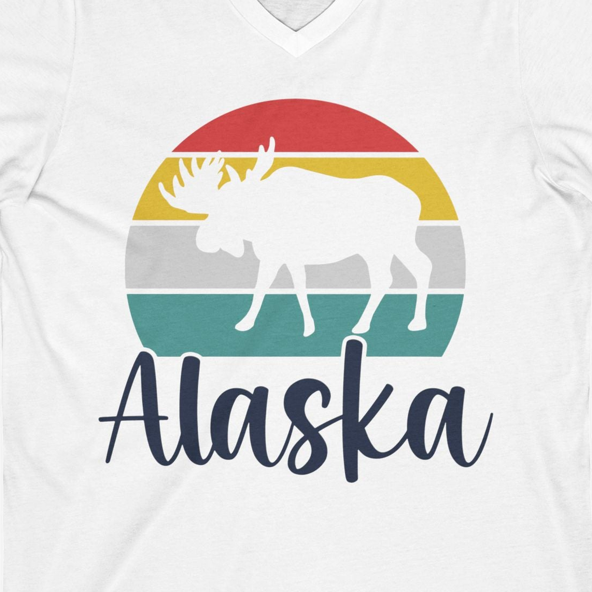Retro Alaska Moose Silhouette Shirt V-Neck Shirt – White – Alaska Cruise Shirts Close Up
