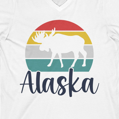 Retro Alaska Moose Silhouette Shirt V-Neck Shirt – White – Alaska Cruise Shirts Close Up