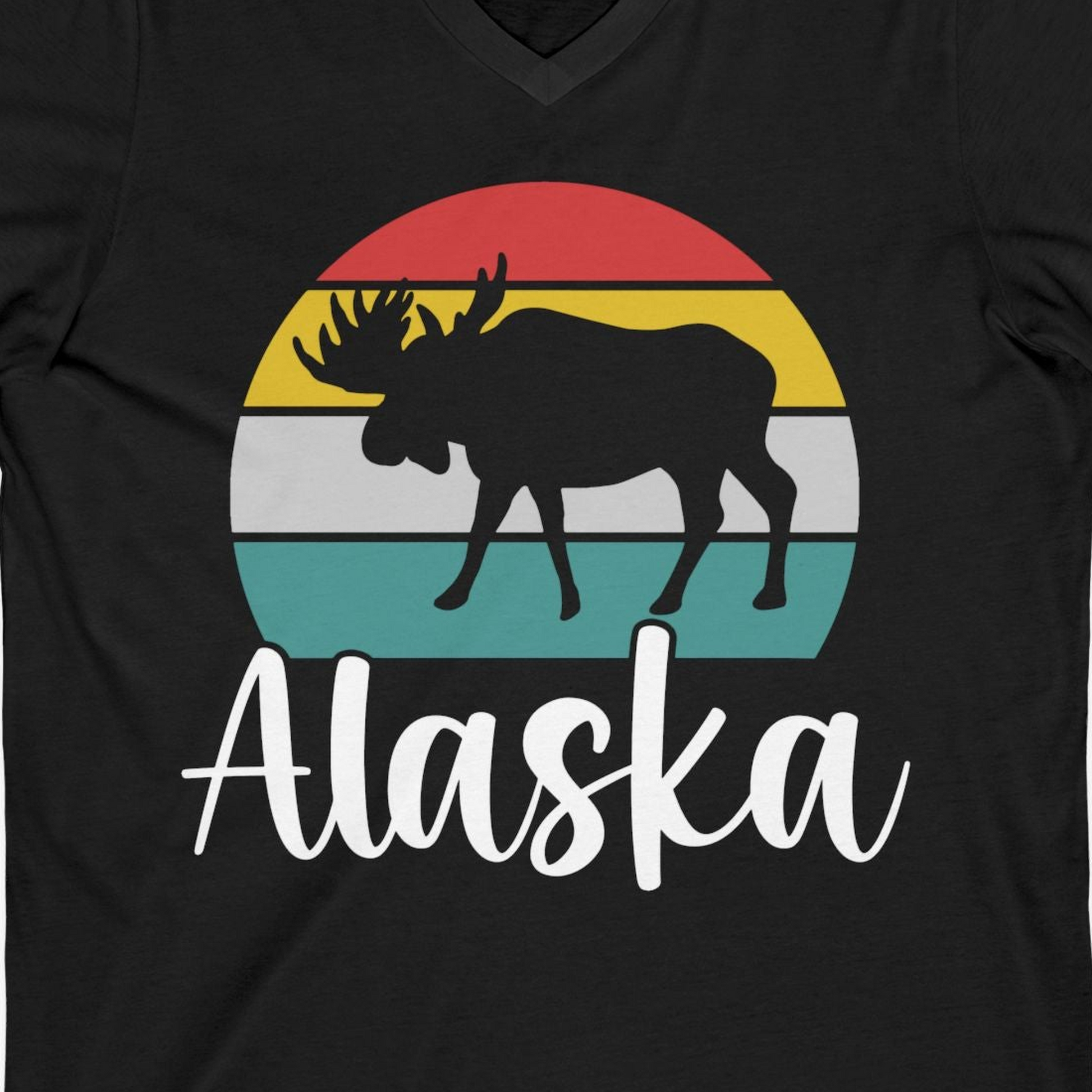 Retro Alaska Moose Silhouette Shirt V-Neck Shirt – Black – Alaska Cruise Shirts Close Up