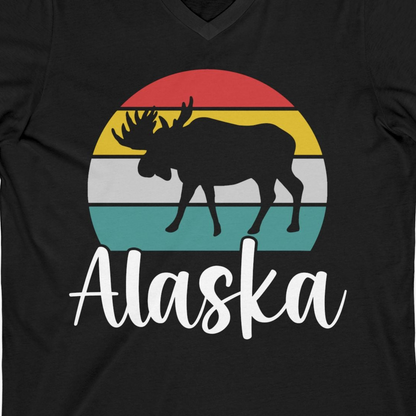 Retro Alaska Moose Silhouette Shirt V-Neck Shirt – Black – Alaska Cruise Shirts Close Up