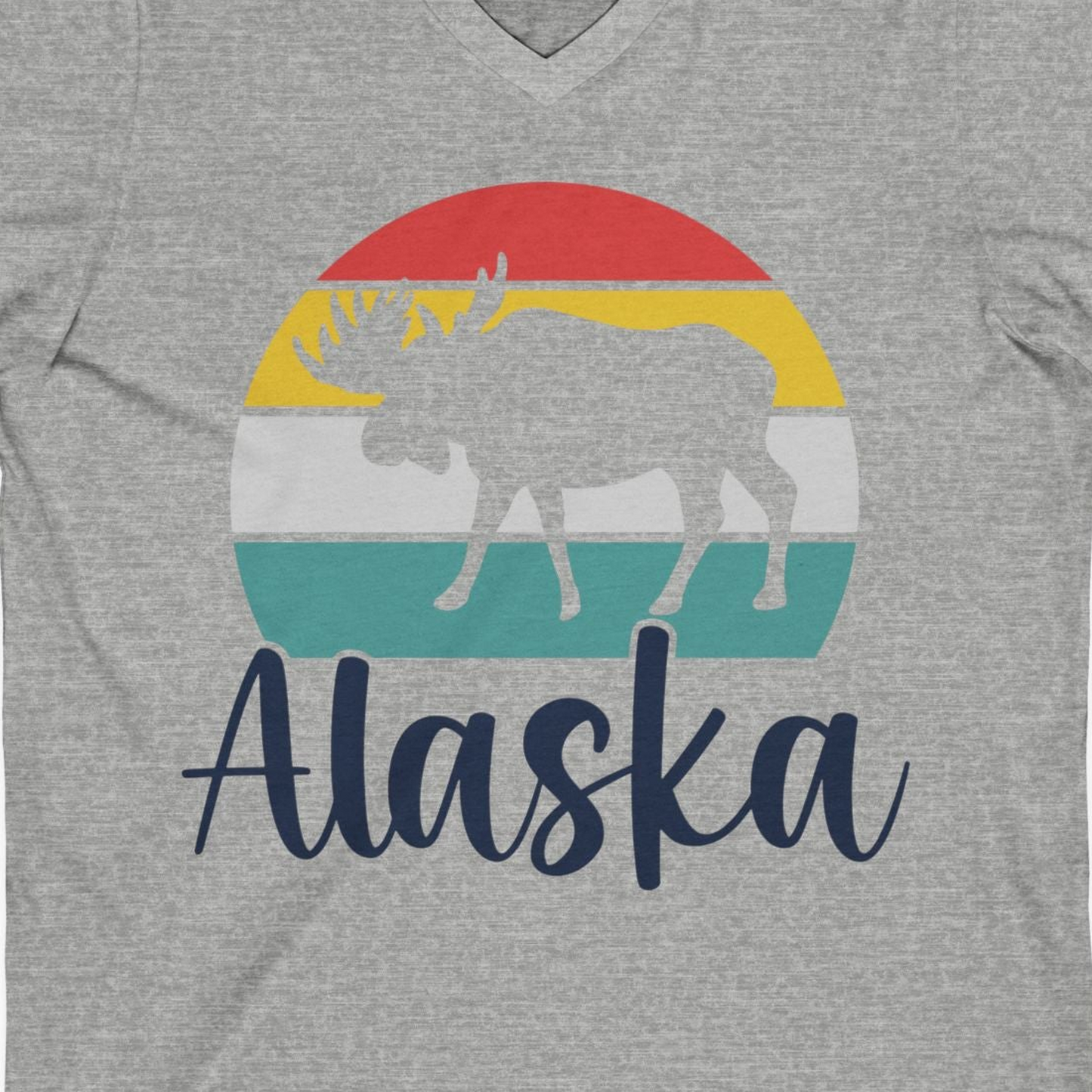 Retro Alaska Moose Silhouette Shirt V-Neck Shirt – Athletic Heather – Alaska Cruise Shirts Close Up