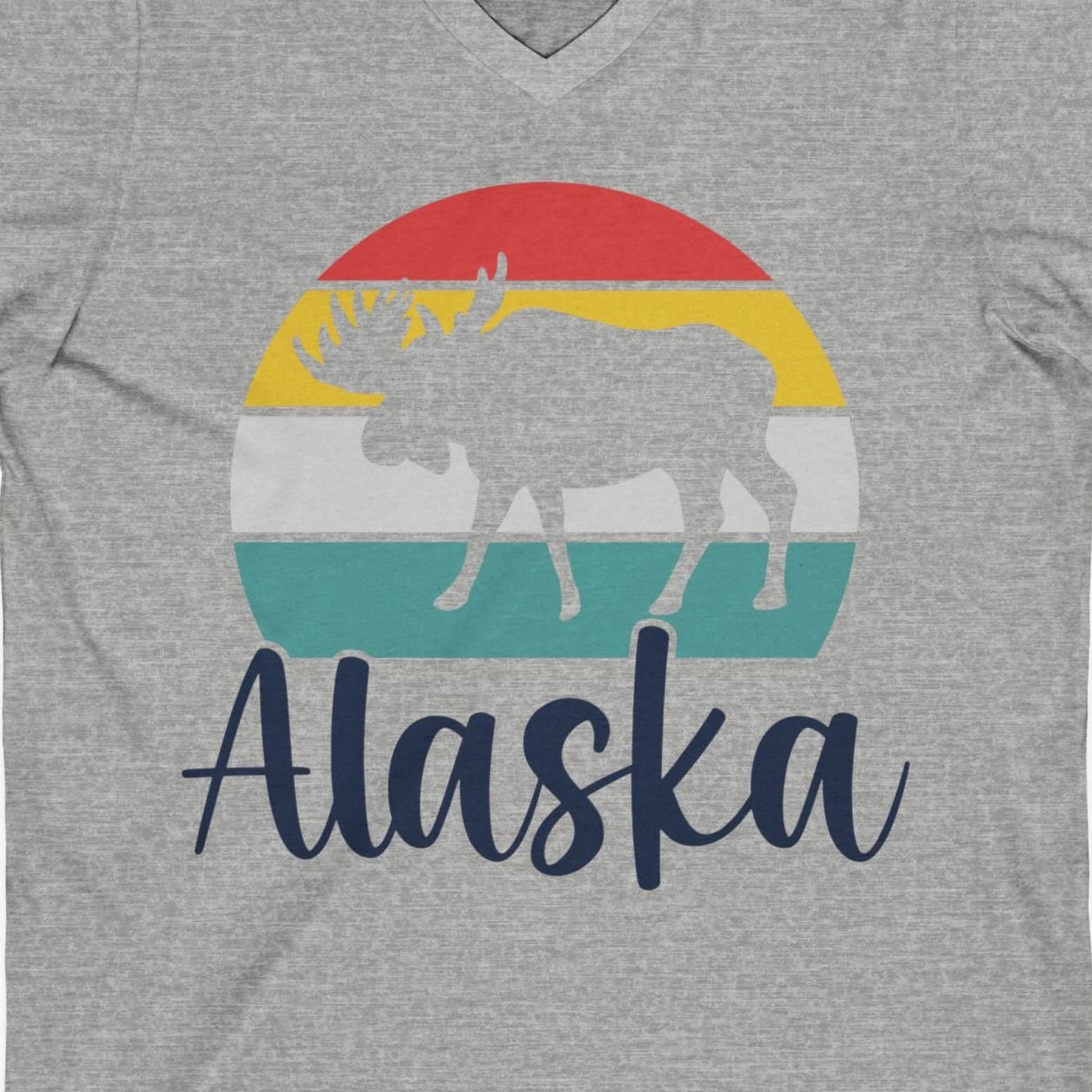 Retro Alaska Moose Silhouette Shirt V-Neck Shirt – Athletic Heather – Alaska Cruise Shirts Close Up