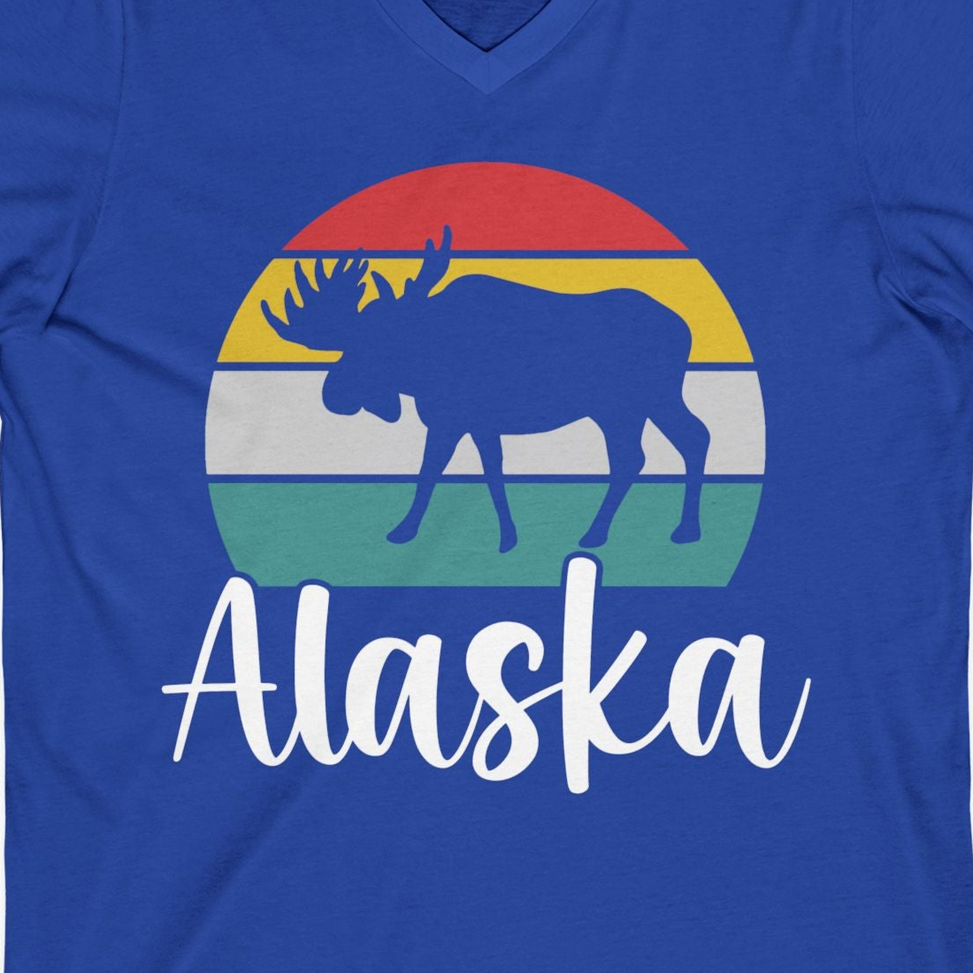 Retro Alaska Moose Silhouette Shirt V-Neck Shirt – True Royal – Alaska Cruise Shirts Close Up