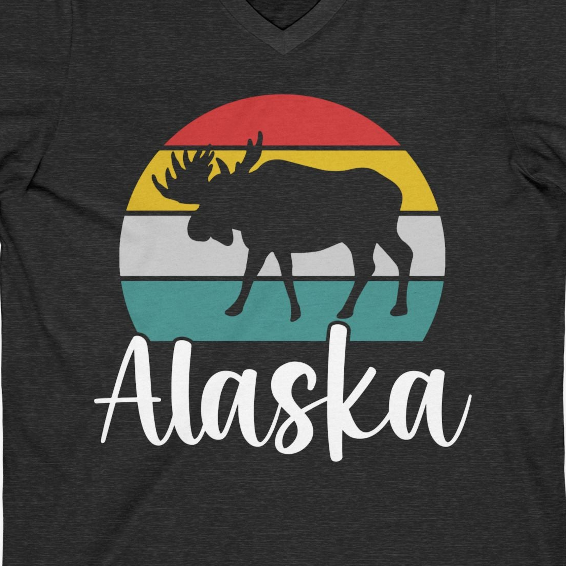 Retro Alaska Moose Silhouette Shirt V-Neck Shirt – Dark Grey Heather – Alaska Cruise Shirts Close Up