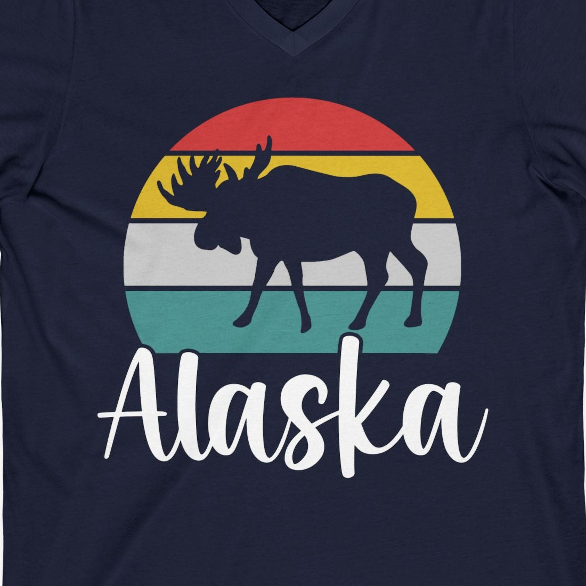 Retro Alaska Moose Silhouette Shirt V-Neck Shirt – Navy – Alaska Cruise Shirts Close Up