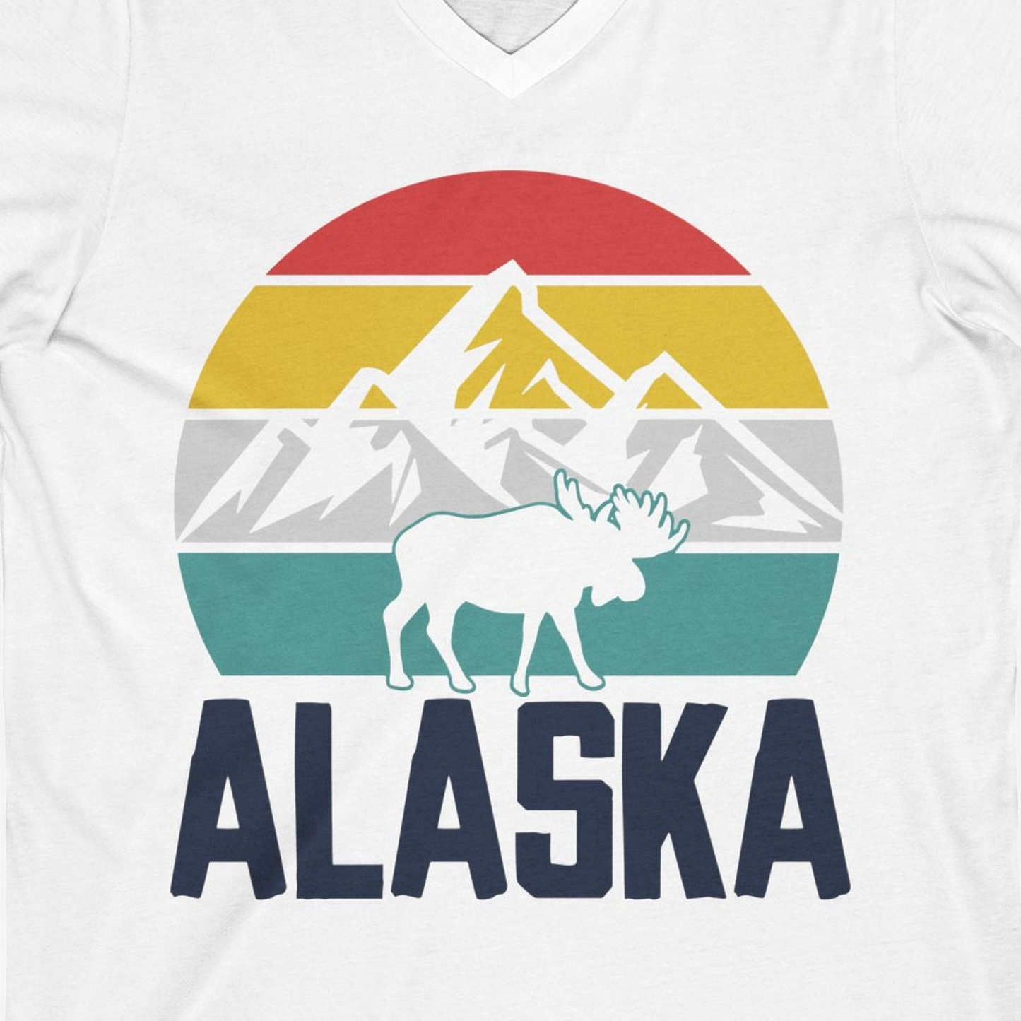 Retro Alaska Moose Silhouette Shirt V-Neck Shirt – White – Alaska Cruise Shirts Close Up