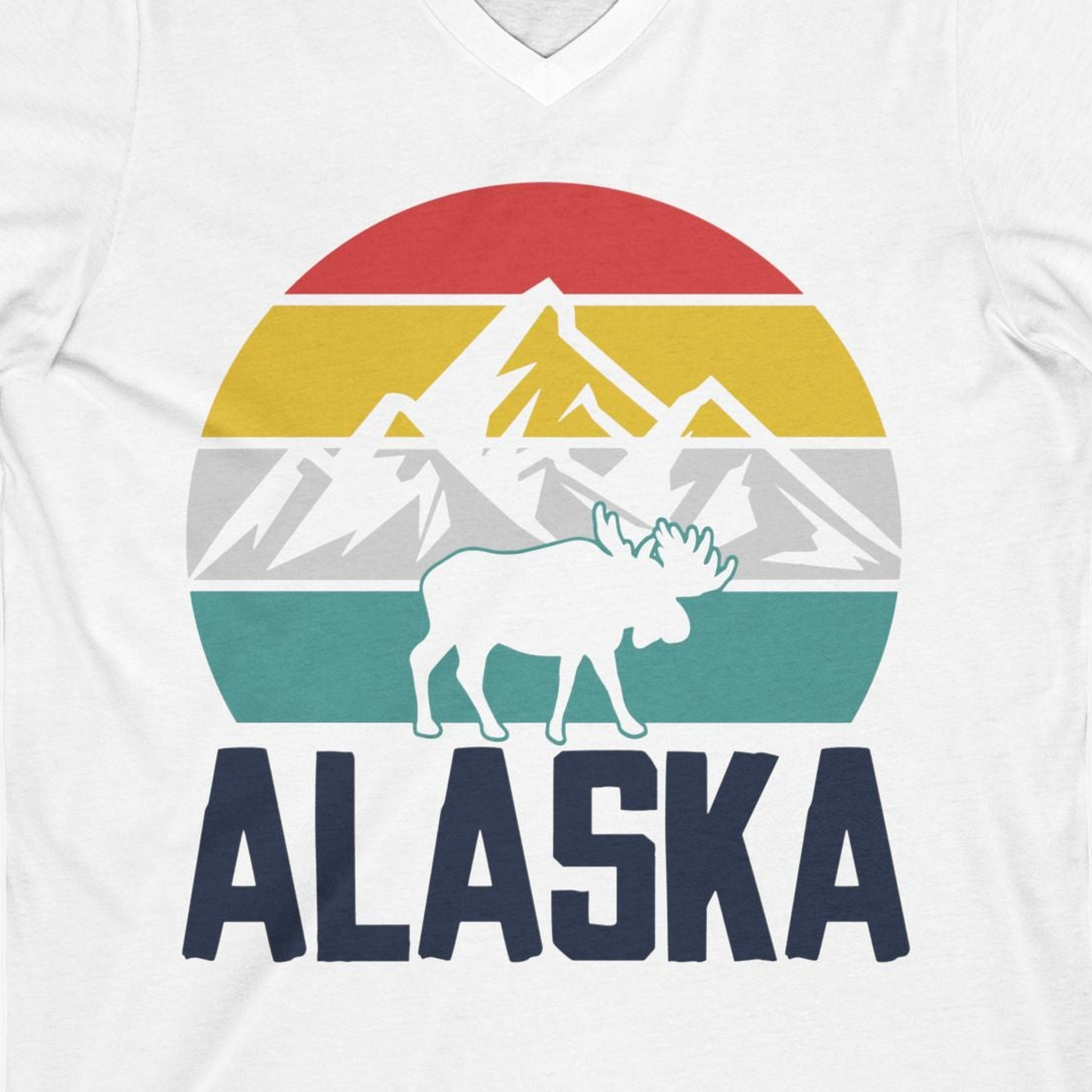 Retro Alaska Moose Silhouette Shirt V-Neck Shirt – White – Alaska Cruise Shirts Close Up