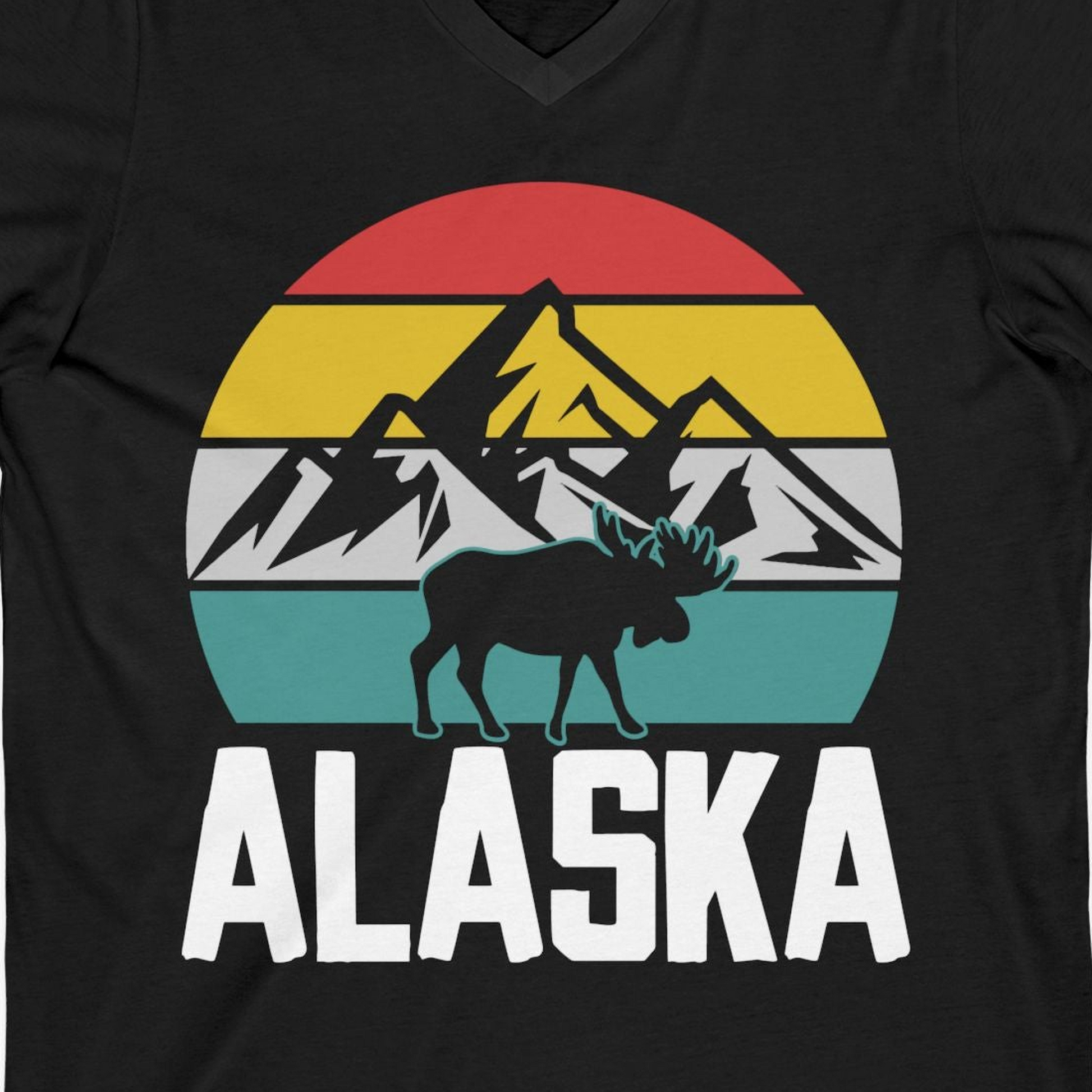 Retro Alaska Moose Silhouette Shirt V-Neck Shirt – Black – Alaska Cruise Shirts Close Up