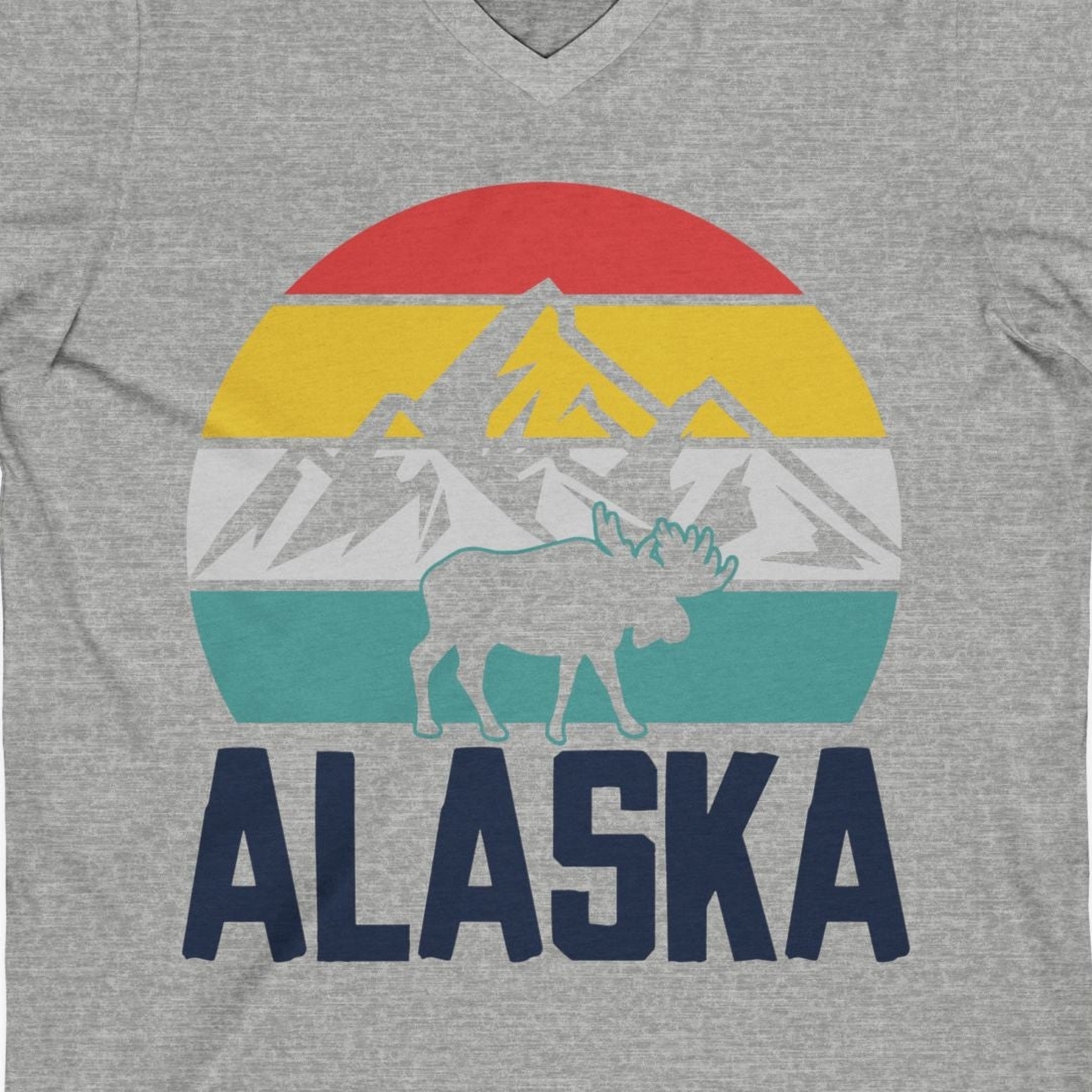 Retro Alaska Moose Silhouette Shirt V-Neck Shirt – Athletic Heather – Alaska Cruise Shirts Close Up