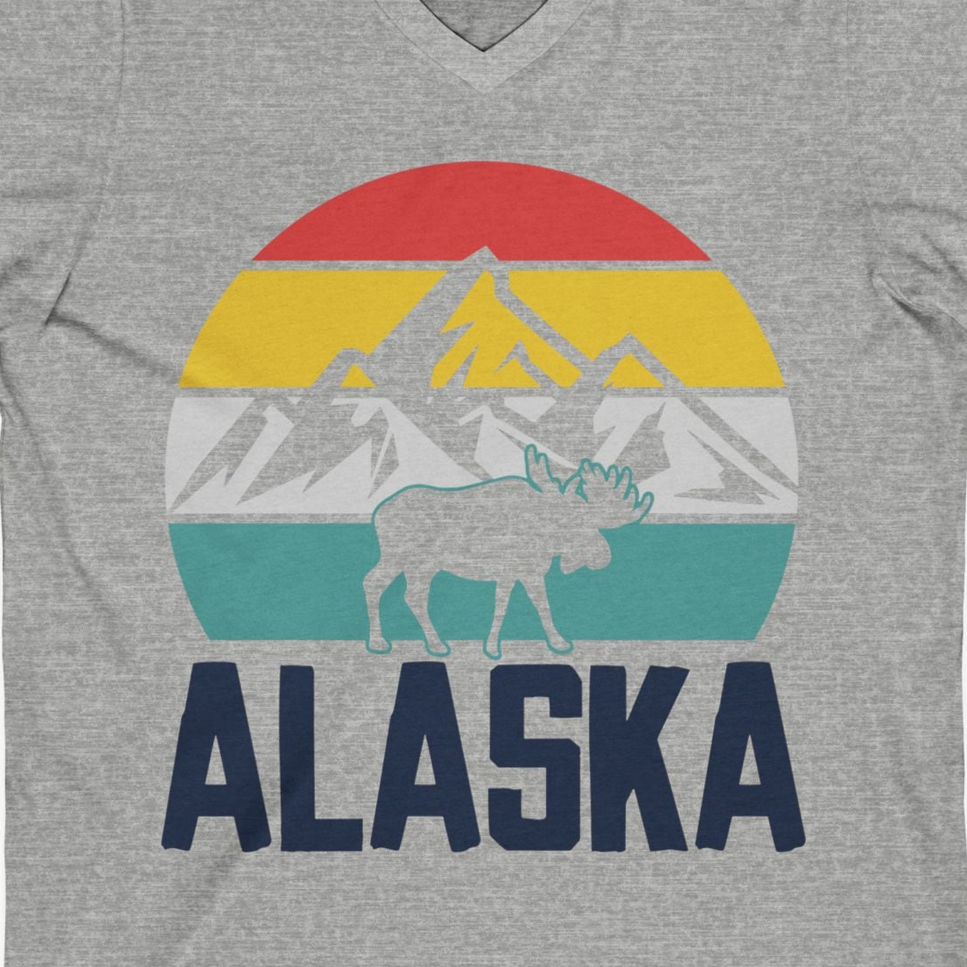 Retro Alaska Moose Silhouette Shirt V-Neck Shirt – Athletic Heather – Alaska Cruise Shirts Close Up