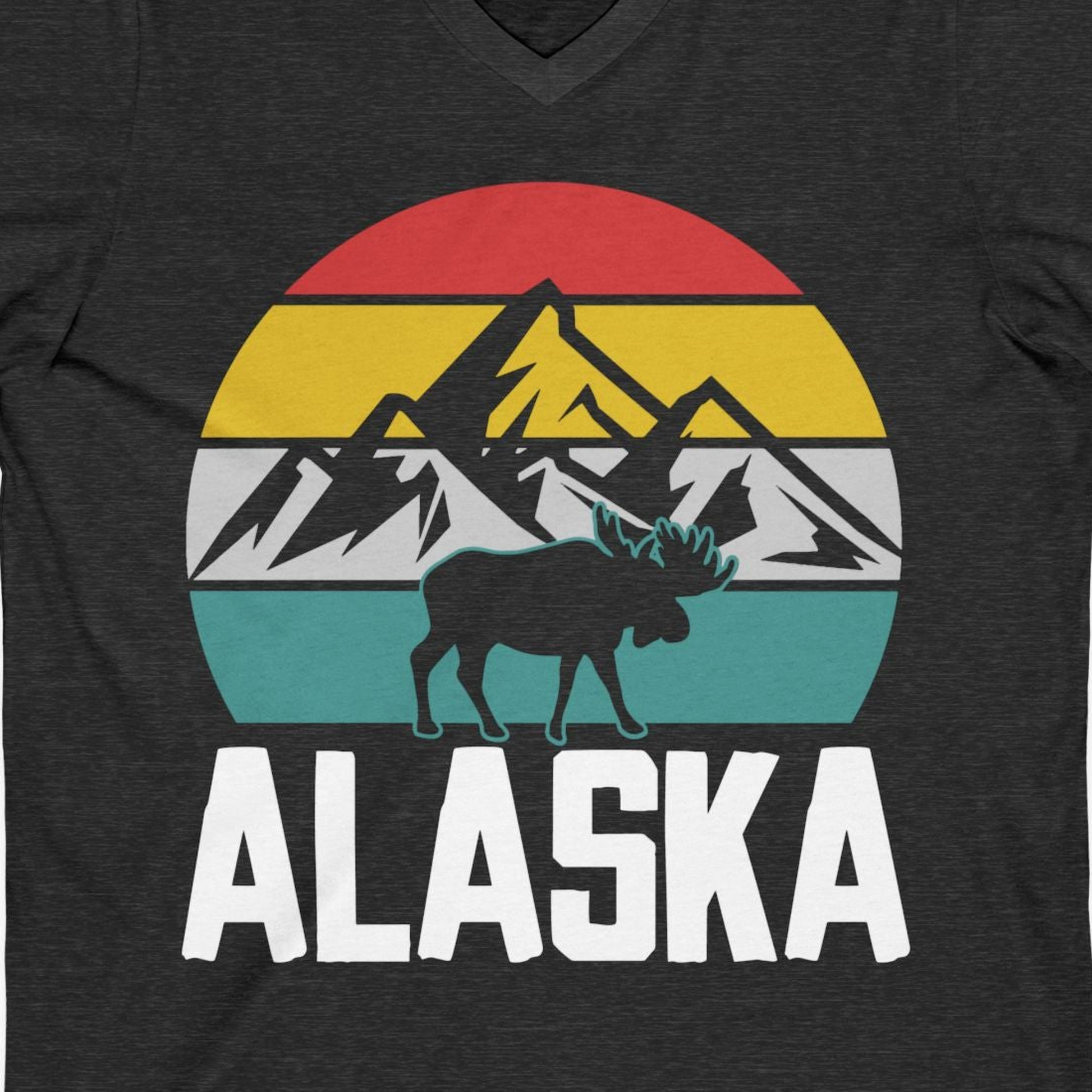 Retro Alaska Moose Silhouette Shirt V-Neck Shirt – Dark Grey Heather – Alaska Cruise Shirts Close Up