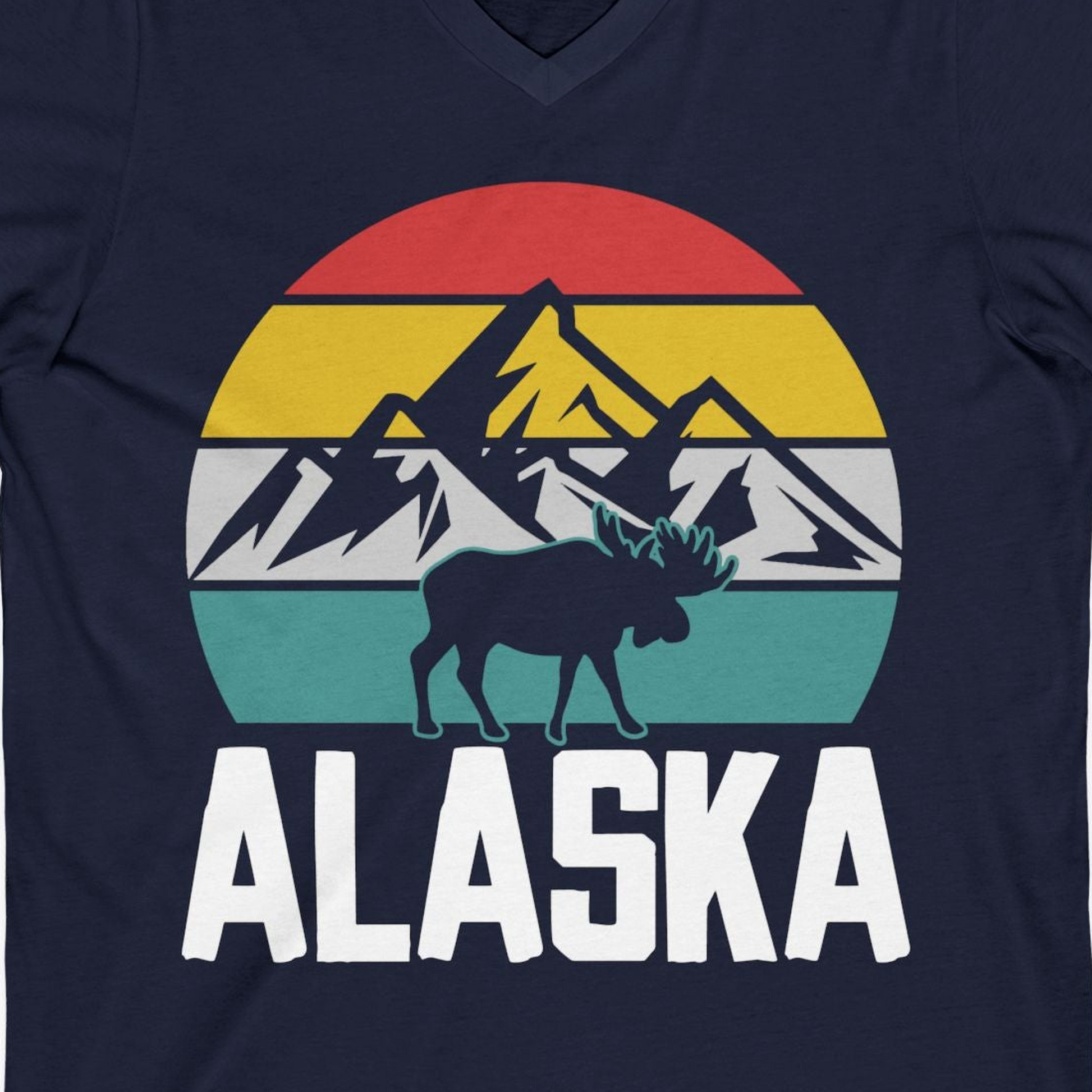 Retro Alaska Moose Silhouette Shirt V-Neck Shirt – Navy – Alaska Cruise Shirts Close Up