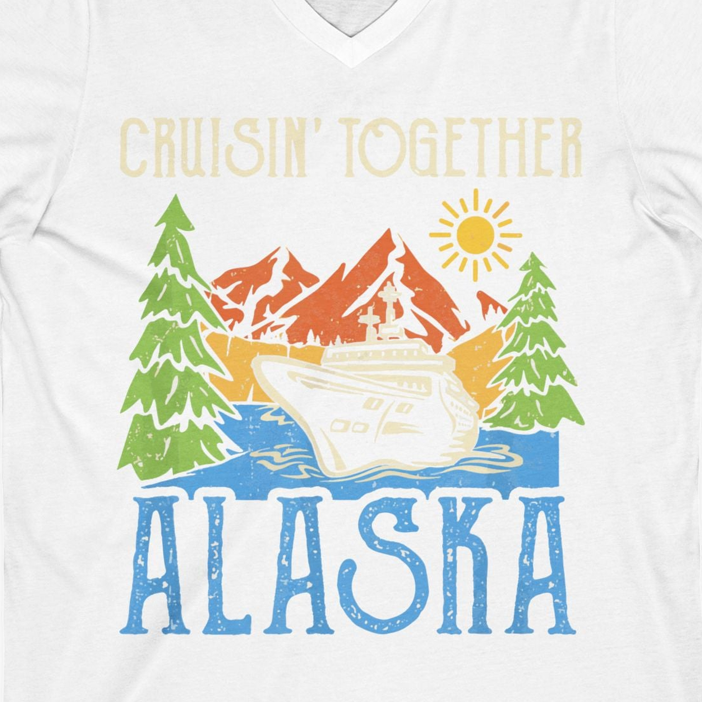 Alaska Cruise Adventure Nature Landscape Retro Family Shirt — V-Neck V-Neck Shirt – White – Alaska Cruise Shirts Close Up