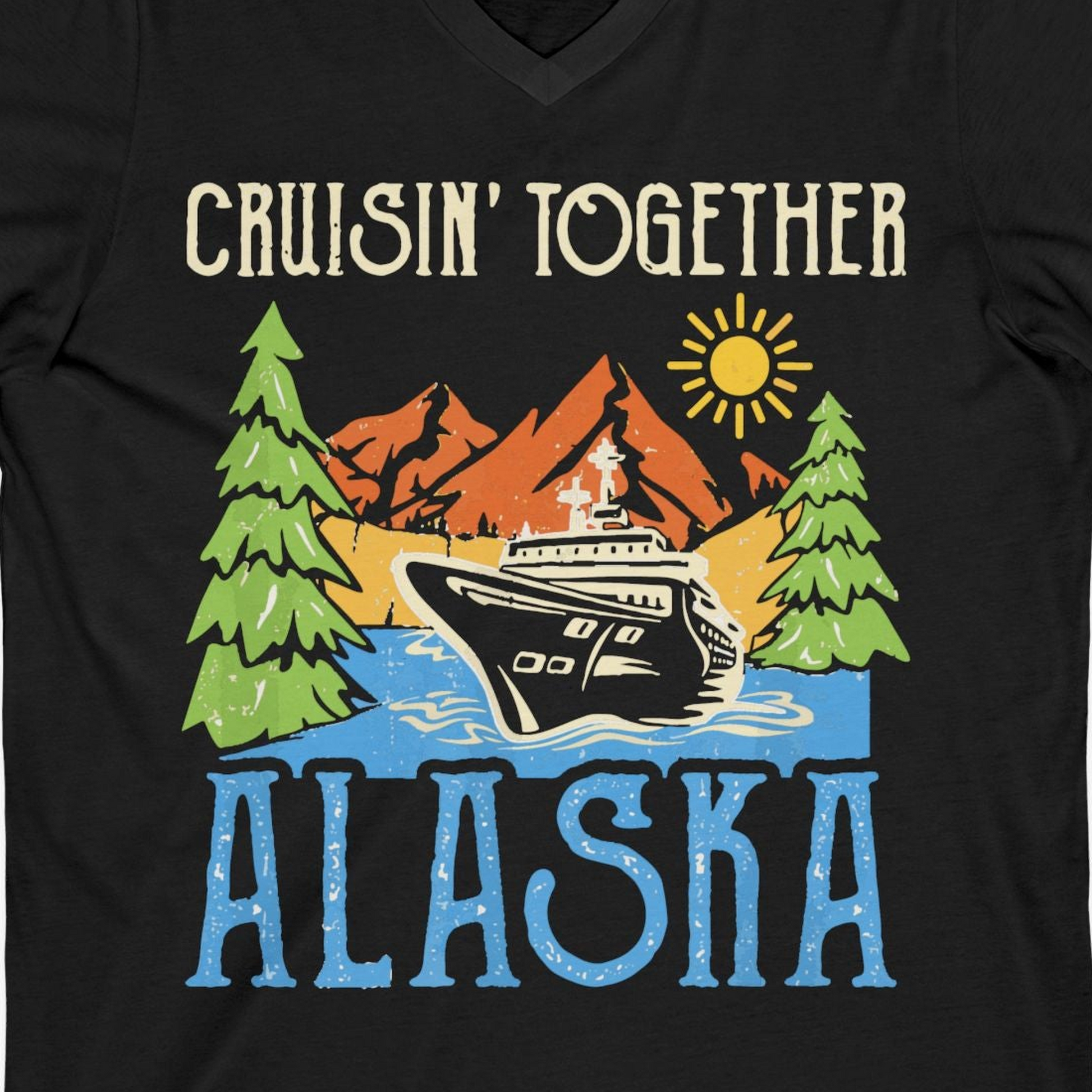 Alaska Cruise Adventure Nature Landscape Retro Family Shirt — V-Neck V-Neck Shirt – Black – Alaska Cruise Shirts Close Up